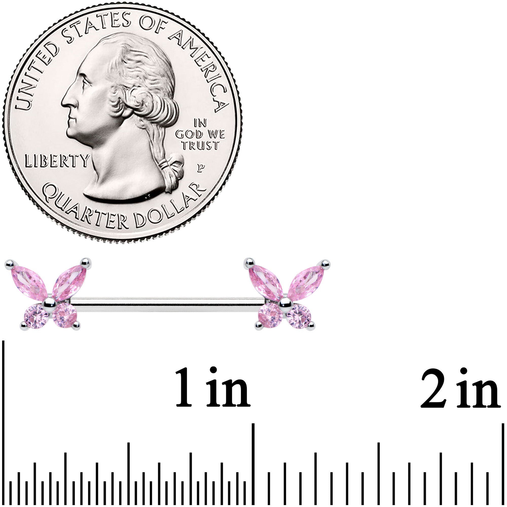 14 Gauge 3/4 Pink CZ Gem Butterflies Barbell Nipple Ring Set