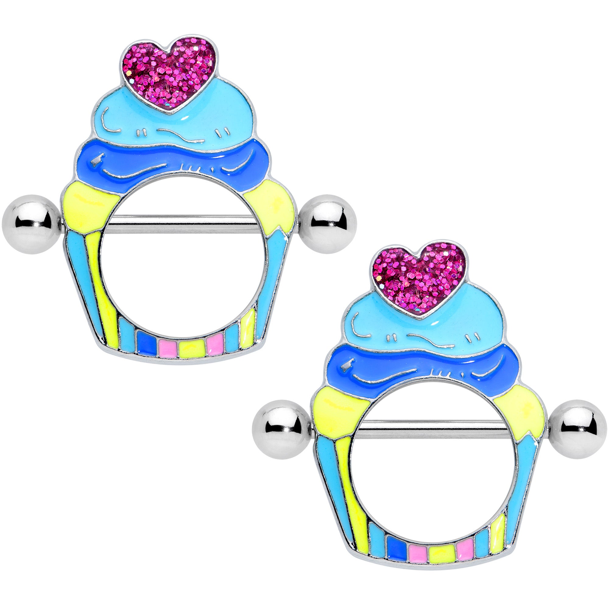 14 Gauge 9/16 Heart Topped Blue Cupcake Nipple Shield Set