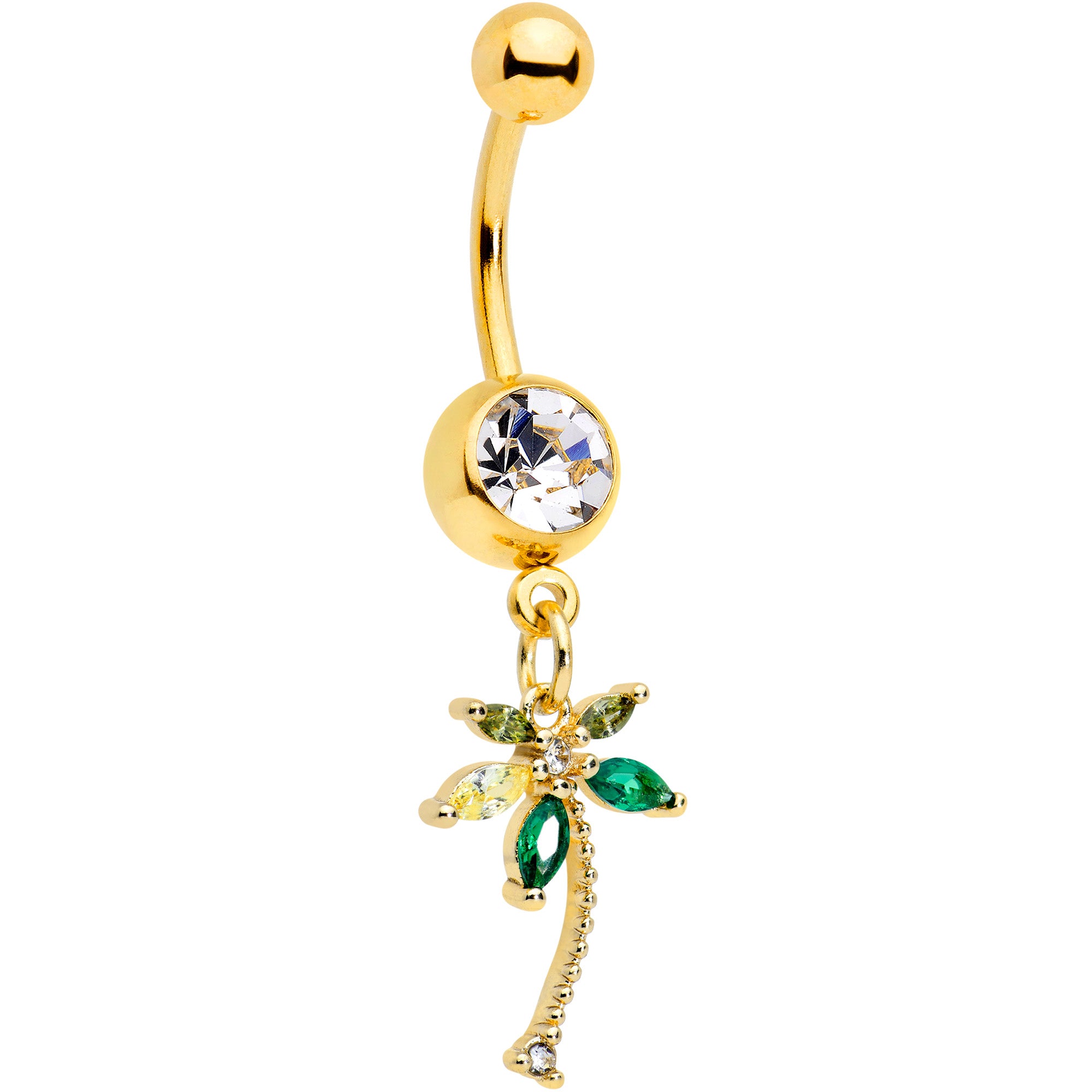 Clear Green Gem Gold Tone Palm Tree Tropical Dangle Belly Ring