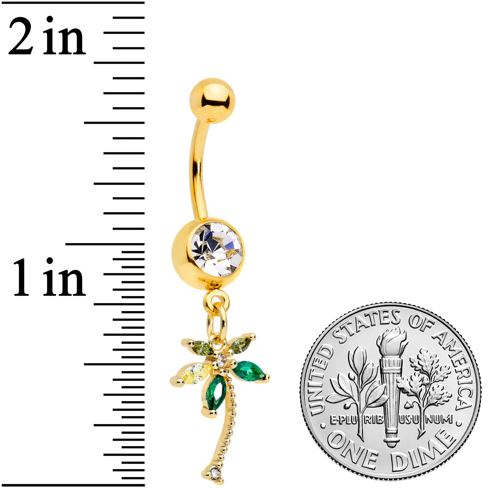 Clear Green Gem Gold Tone Palm Tree Tropical Dangle Belly Ring