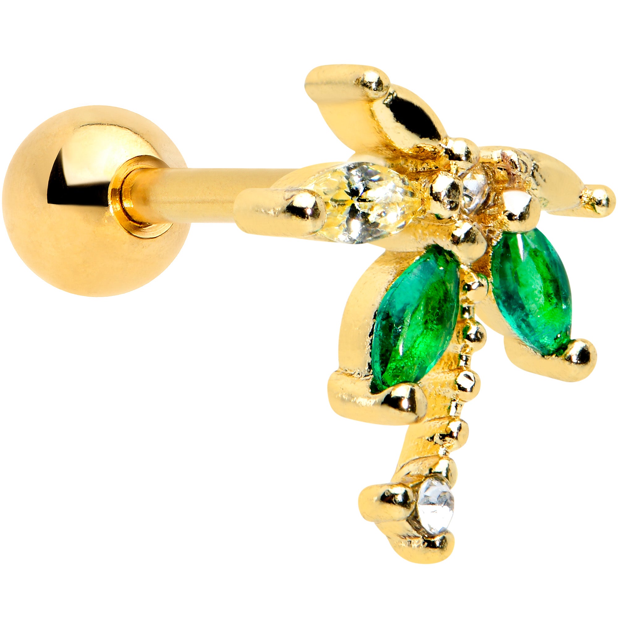 16 Gauge 1/4 Green Gem Gold Tone Palm Tree Cartilage Tragus Earring