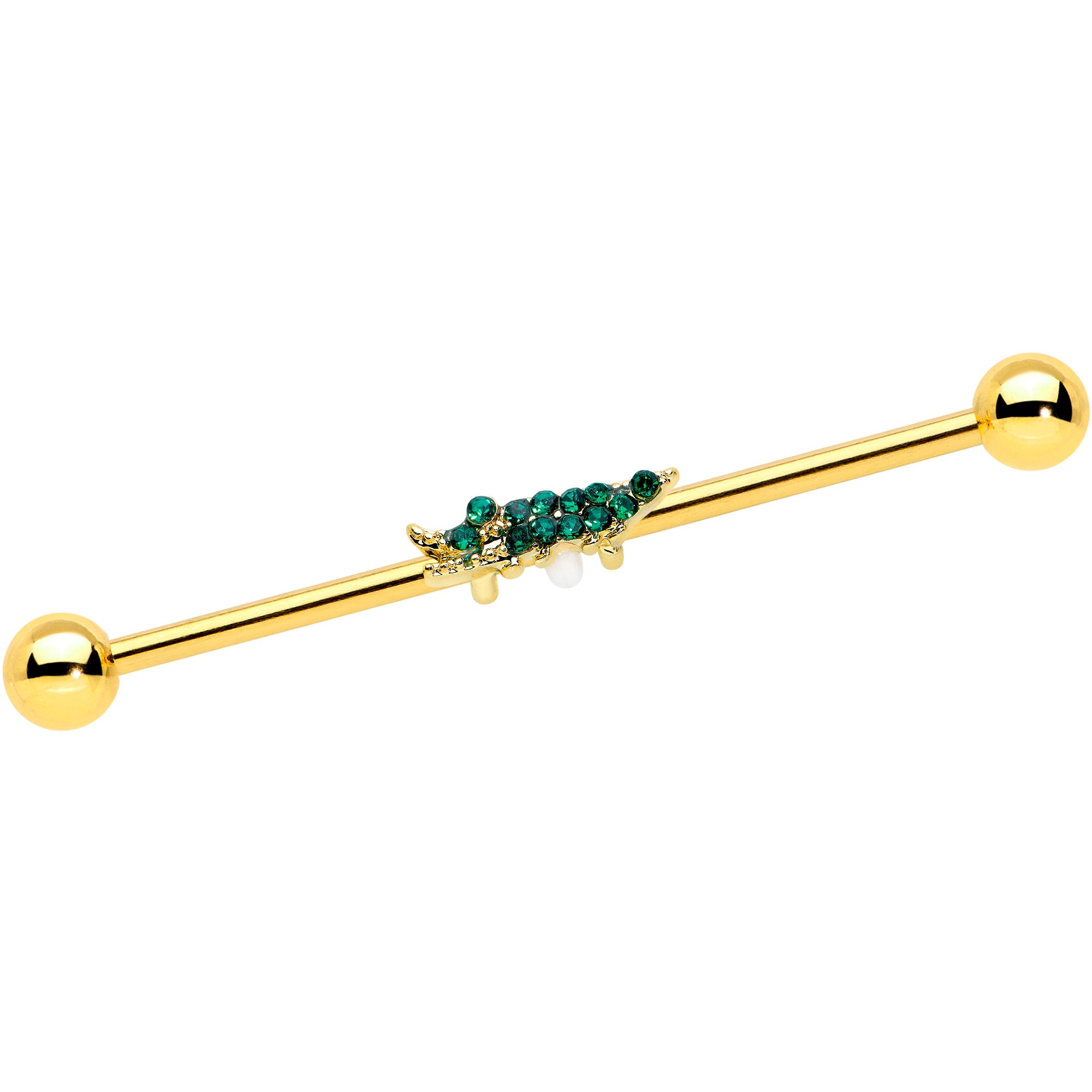 14 Gauge Green Gem Gold Tone Tropical Gator Industrial Barbell 38mm