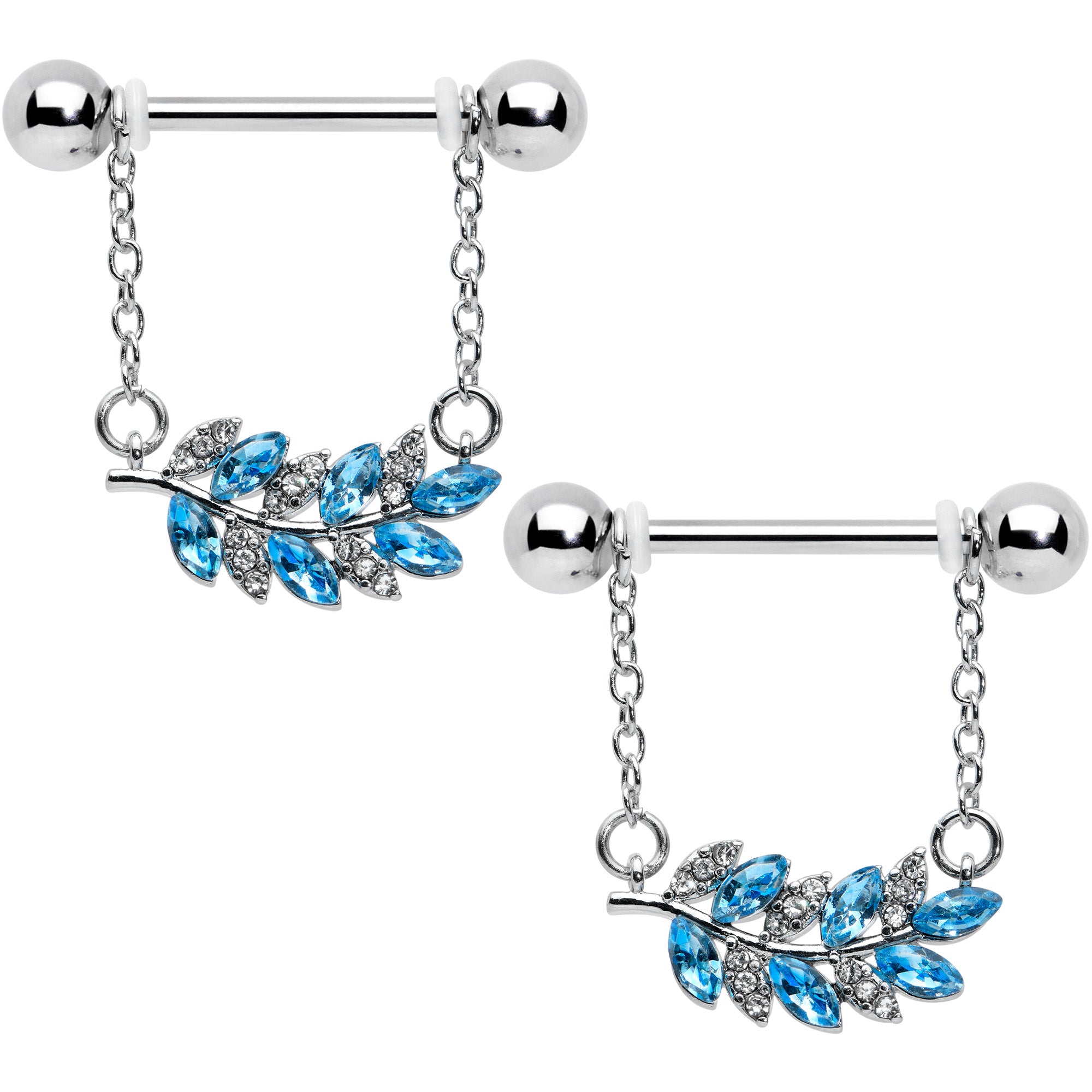 14 Gauge 9/16 Clear Blue Gem Leafy Branch Dangle Nipple Ring Set