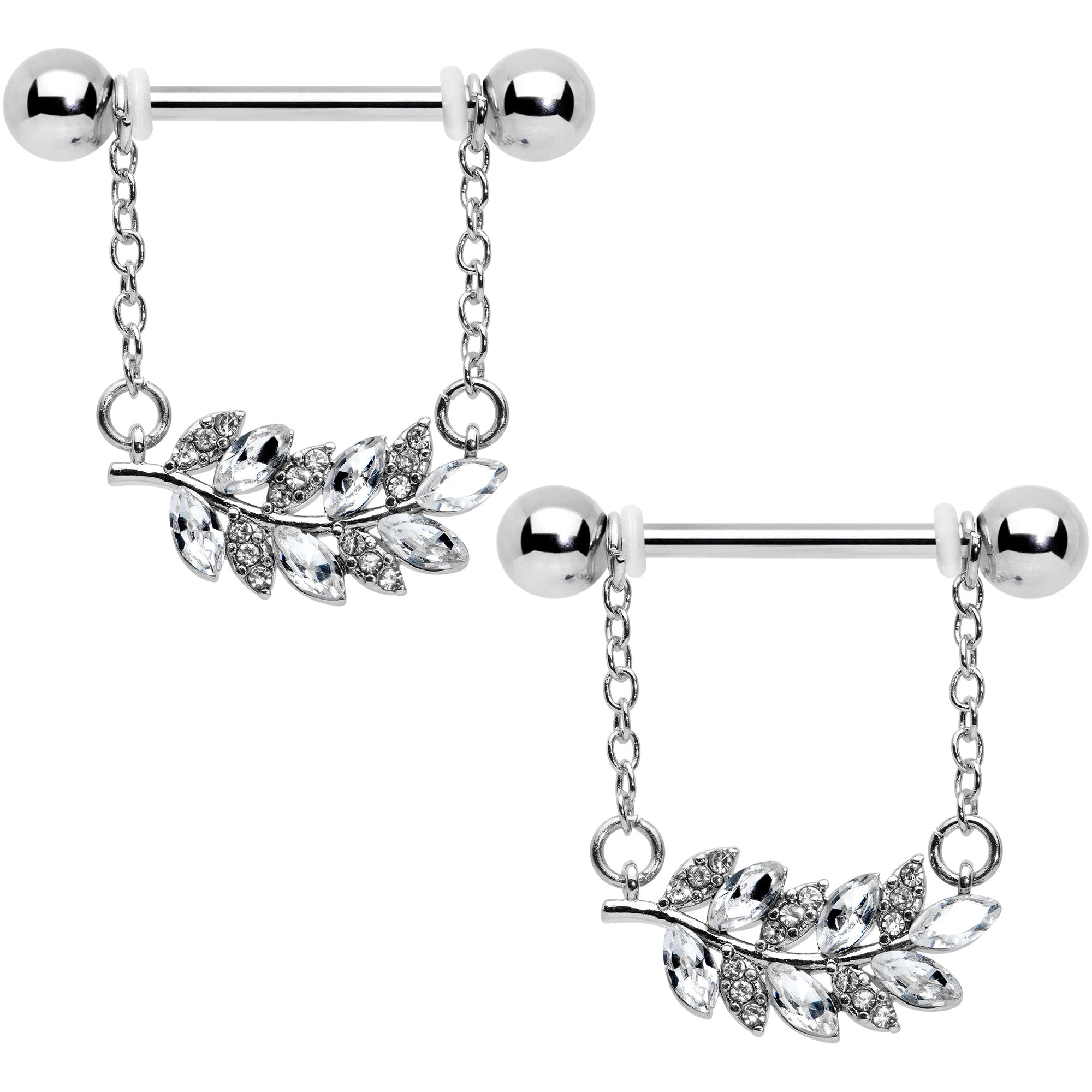 14 Gauge 9/16 Clear Gem Leafy Branch Dangle Nipple Ring Set