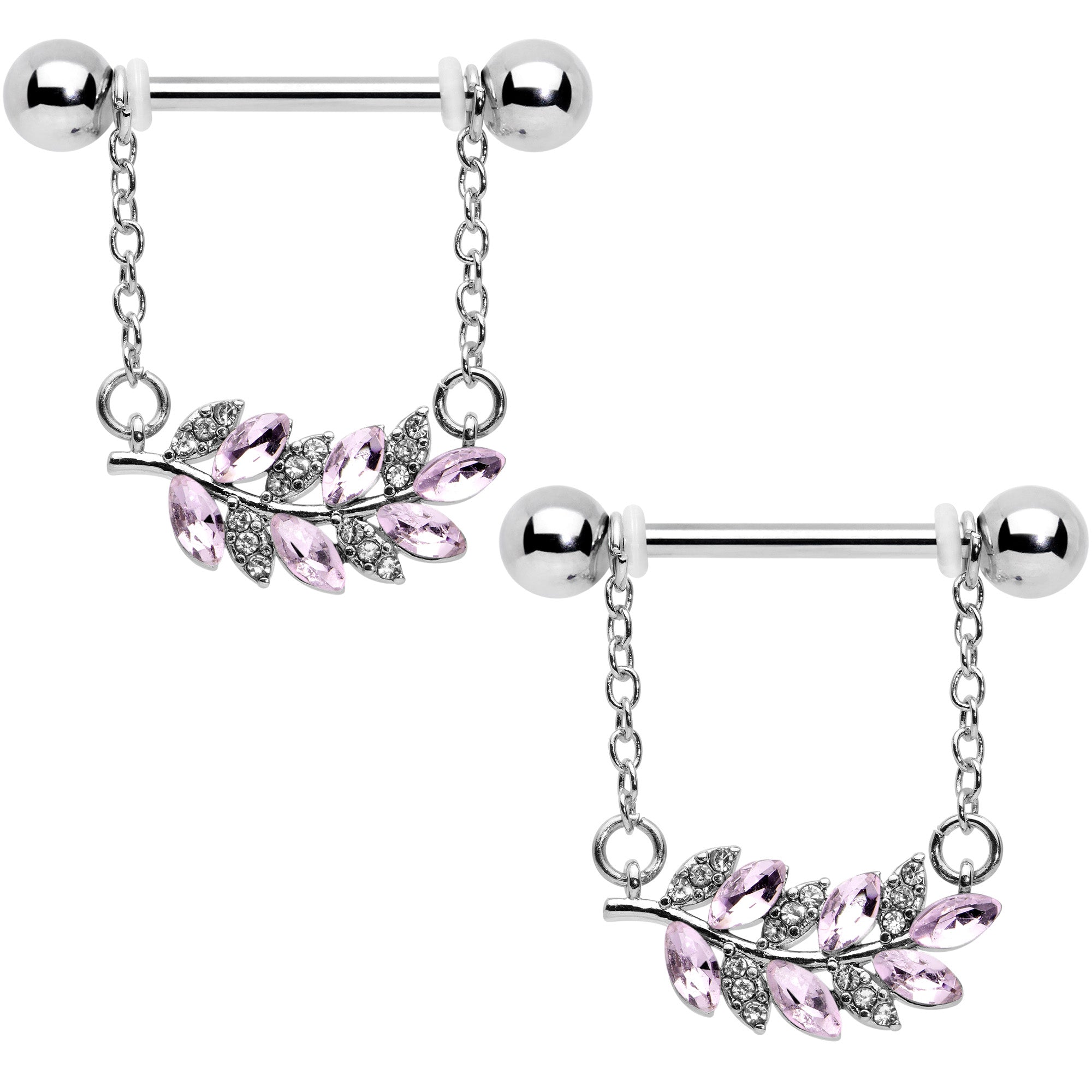 14 Gauge 9/16 Clear Pink Gem Leafy Branch Dangle Nipple Ring Set