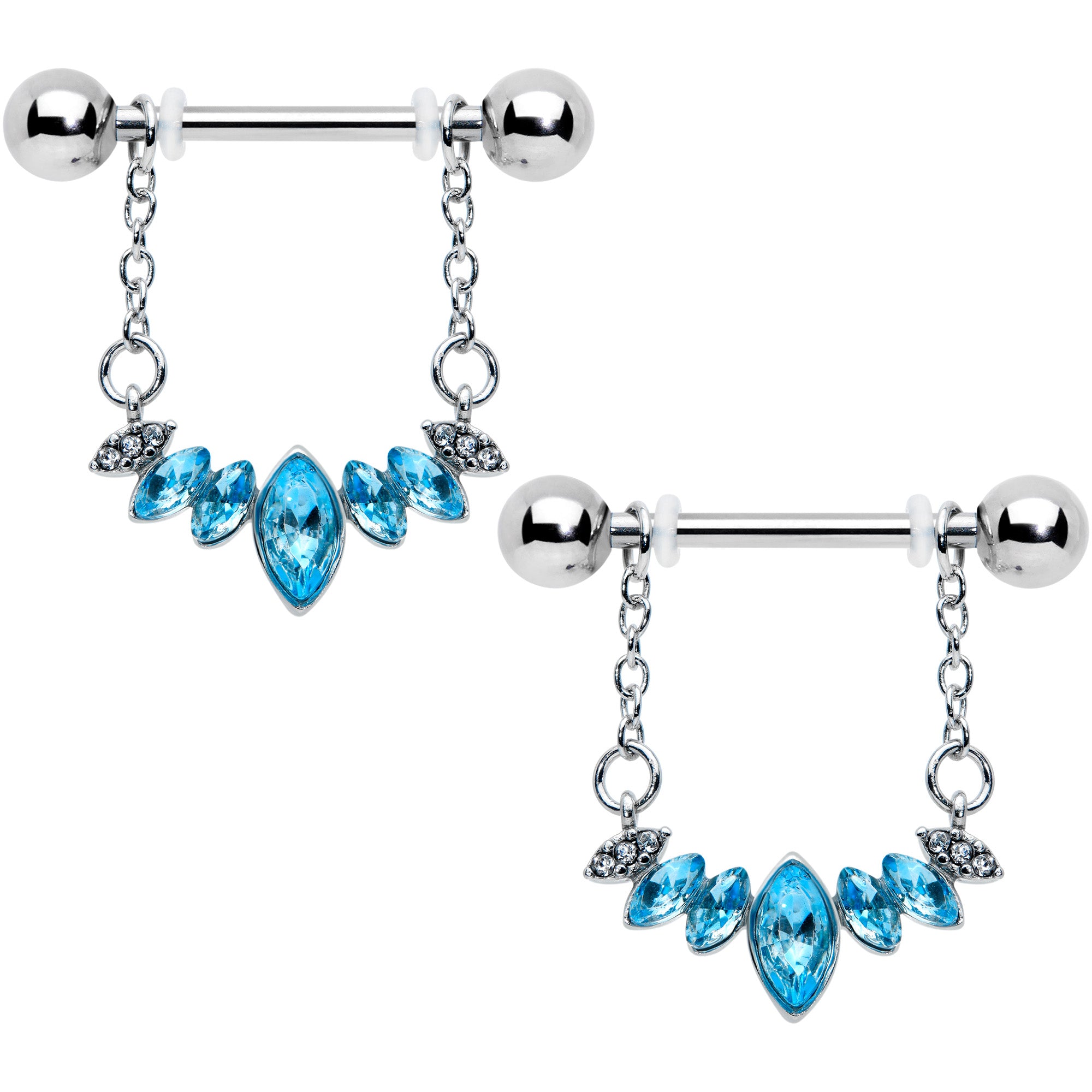 14 Gauge 9/16 Blue Gem Crowning Glory Chain Dangle Nipple Ring Set