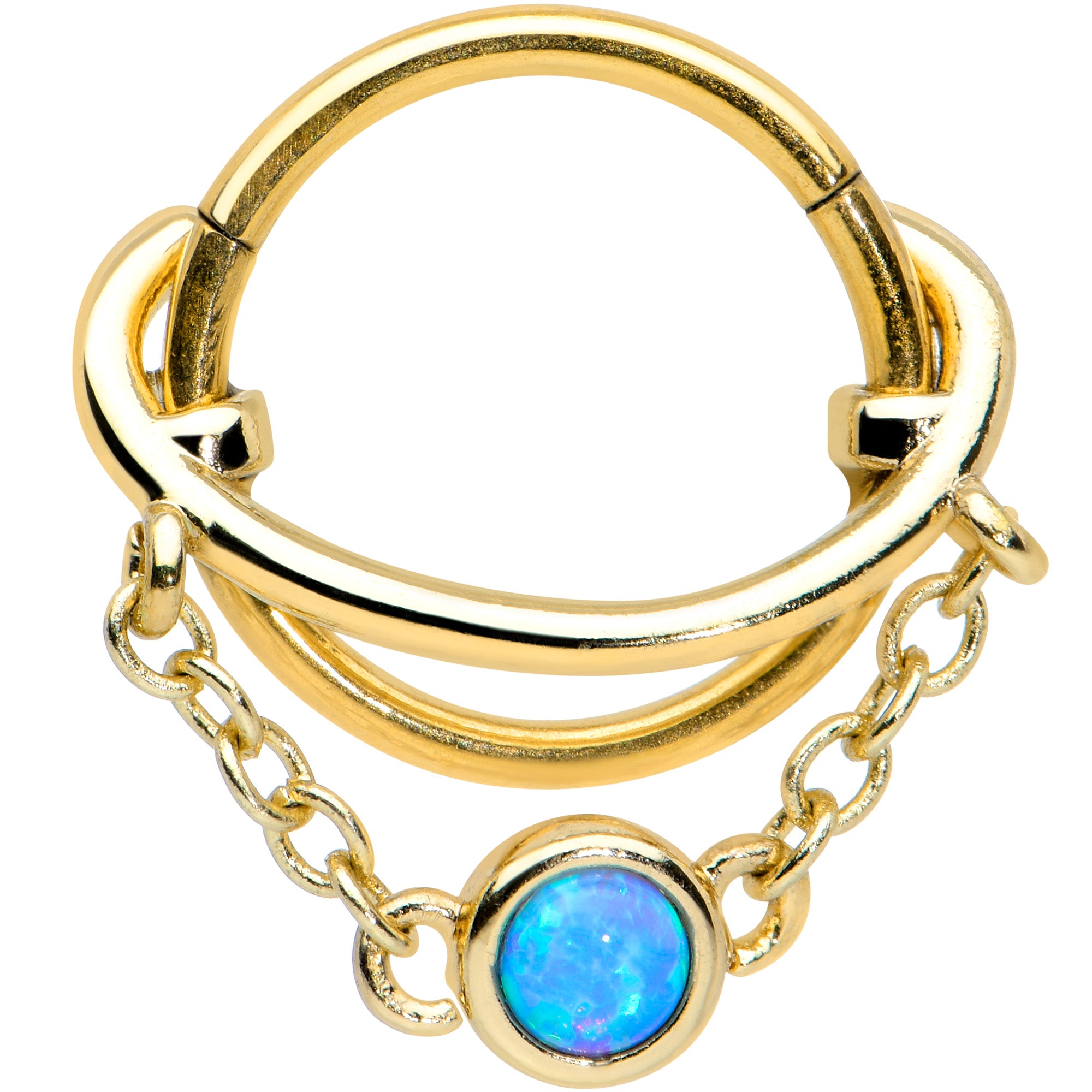 16 Gauge 3/8 Blue Synthetic Opal Gold Tone Saturn Hinged Segment Ring