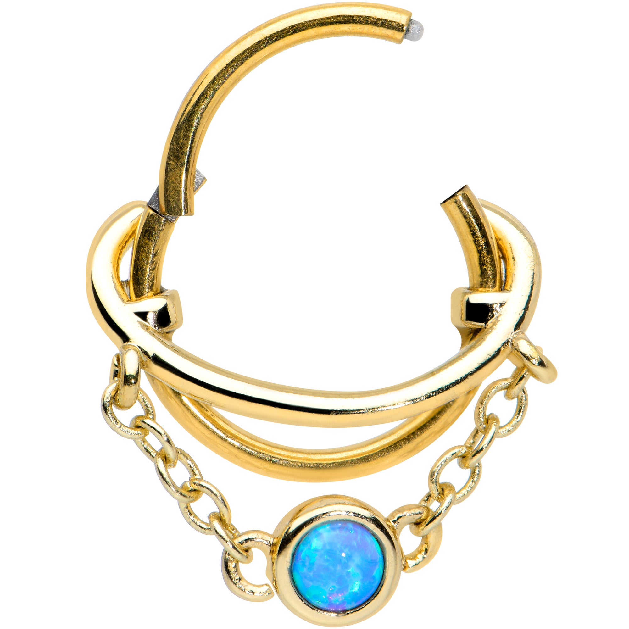 16 Gauge 3/8 Blue Synthetic Opal Gold Tone Saturn Hinged Segment Ring