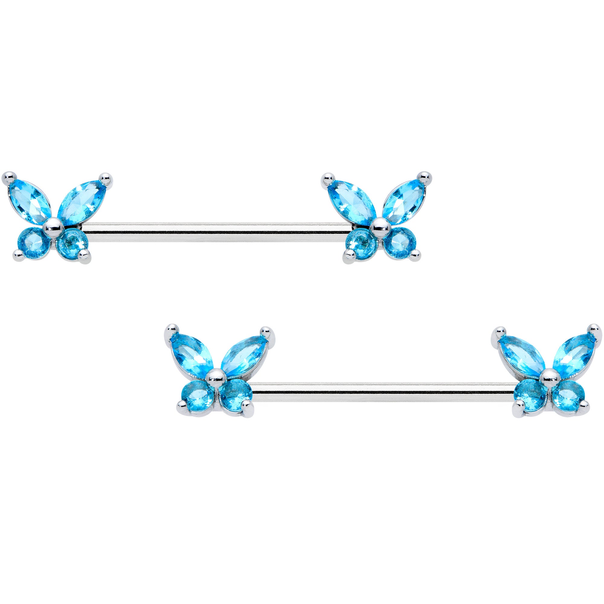 14 Gauge 3/4 Blue CZ Gem Butterflies Barbell Nipple Ring Set