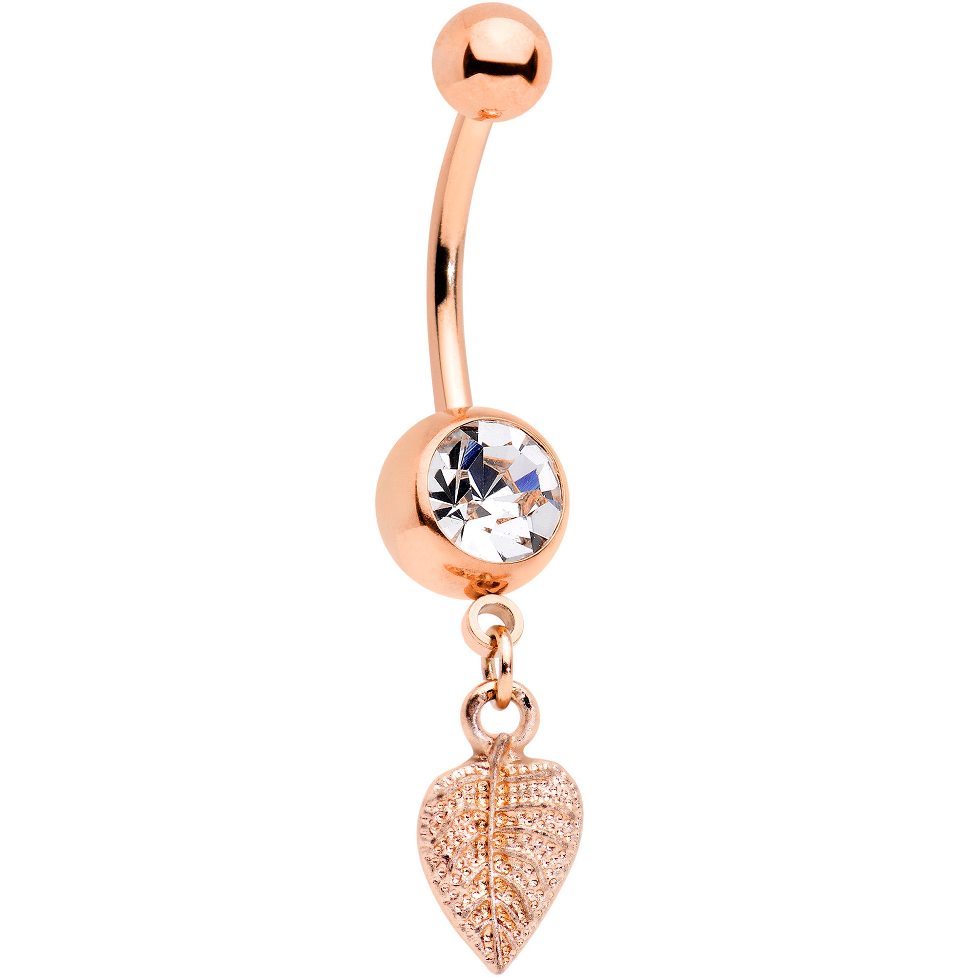 Clear Gem Rose Gold Tone Autumn Textured Leaf Dangle Belly Ring