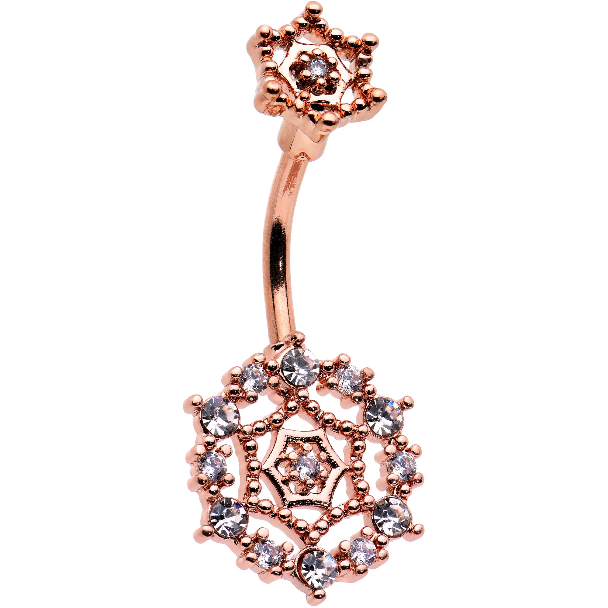 Clear CZ Gem Rose Gold Tone Geometric Web Double Mount Belly Ring