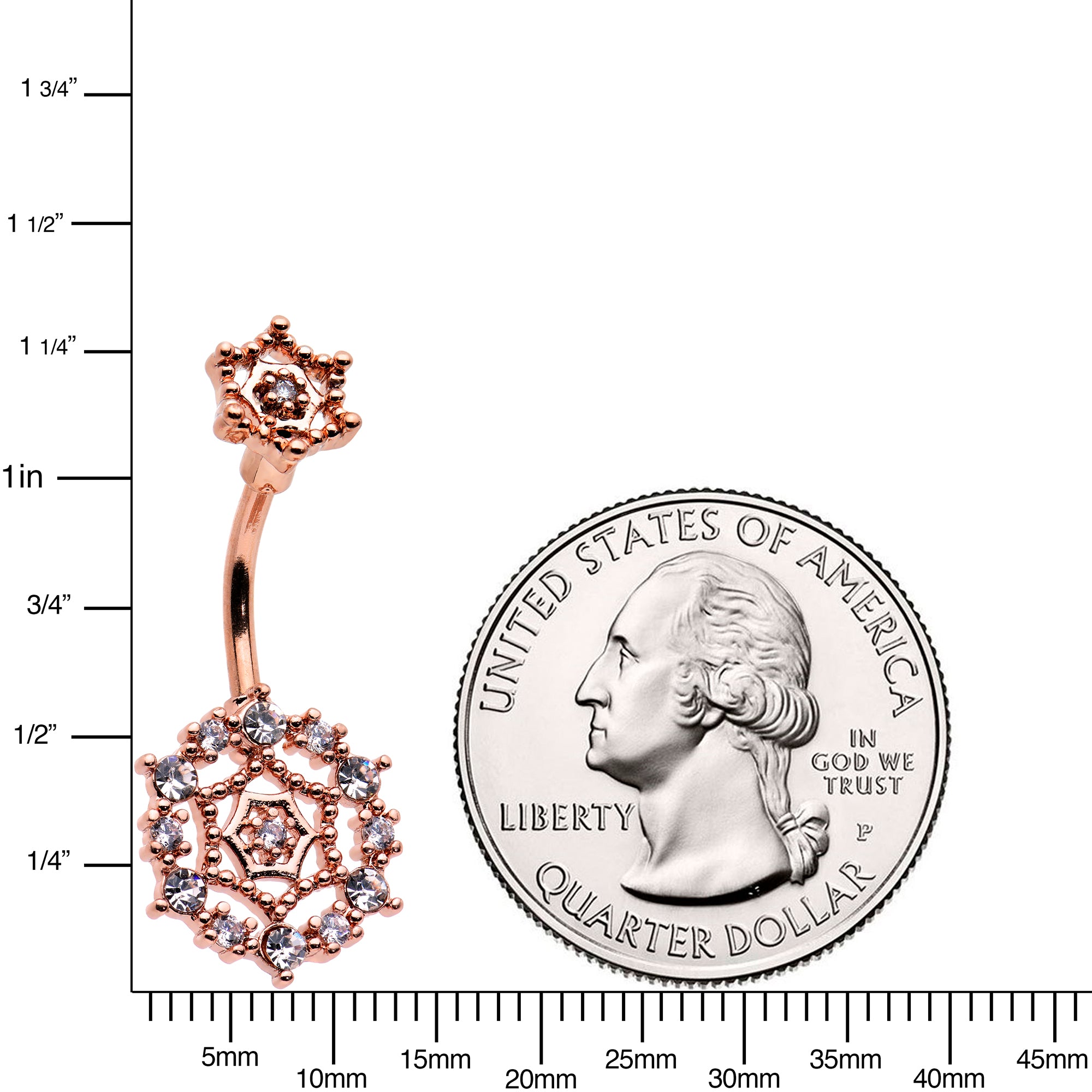 Clear CZ Gem Rose Gold Tone Geometric Web Double Mount Belly Ring