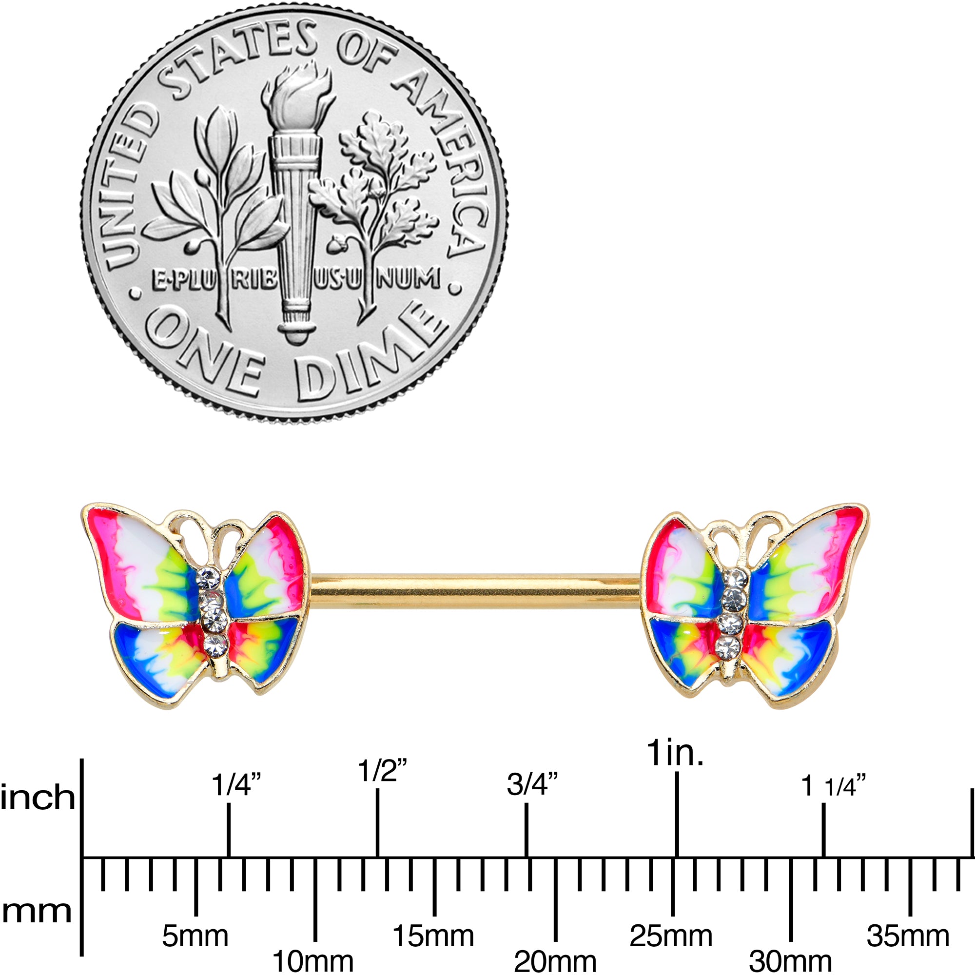 14 Gauge 9/16 Clear Gem Gold Tone Bright Butterfly Nipple Ring Set