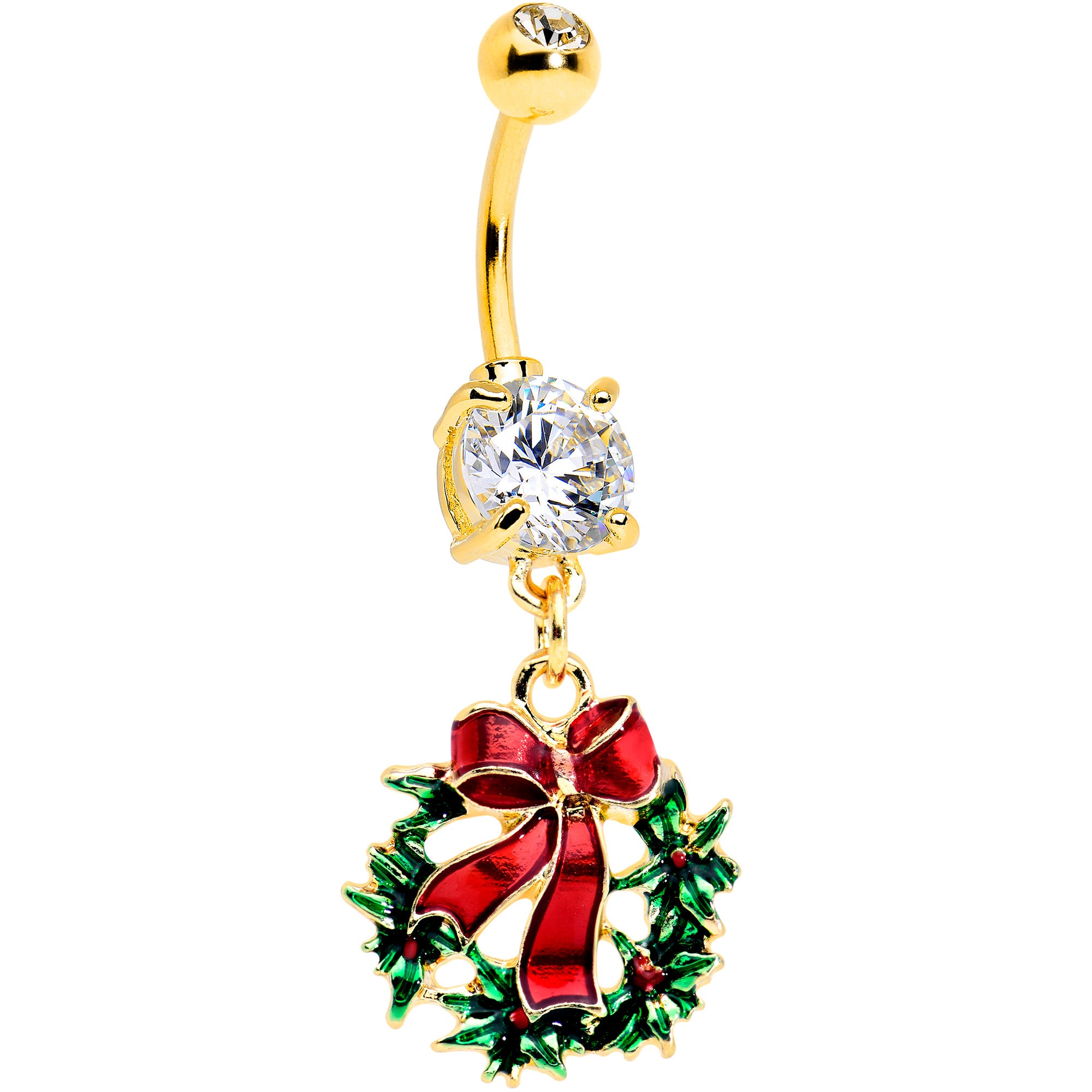 Clear CZ Gem Gold Tone Festive Bow Wreath Christmas Dangle Belly Ring