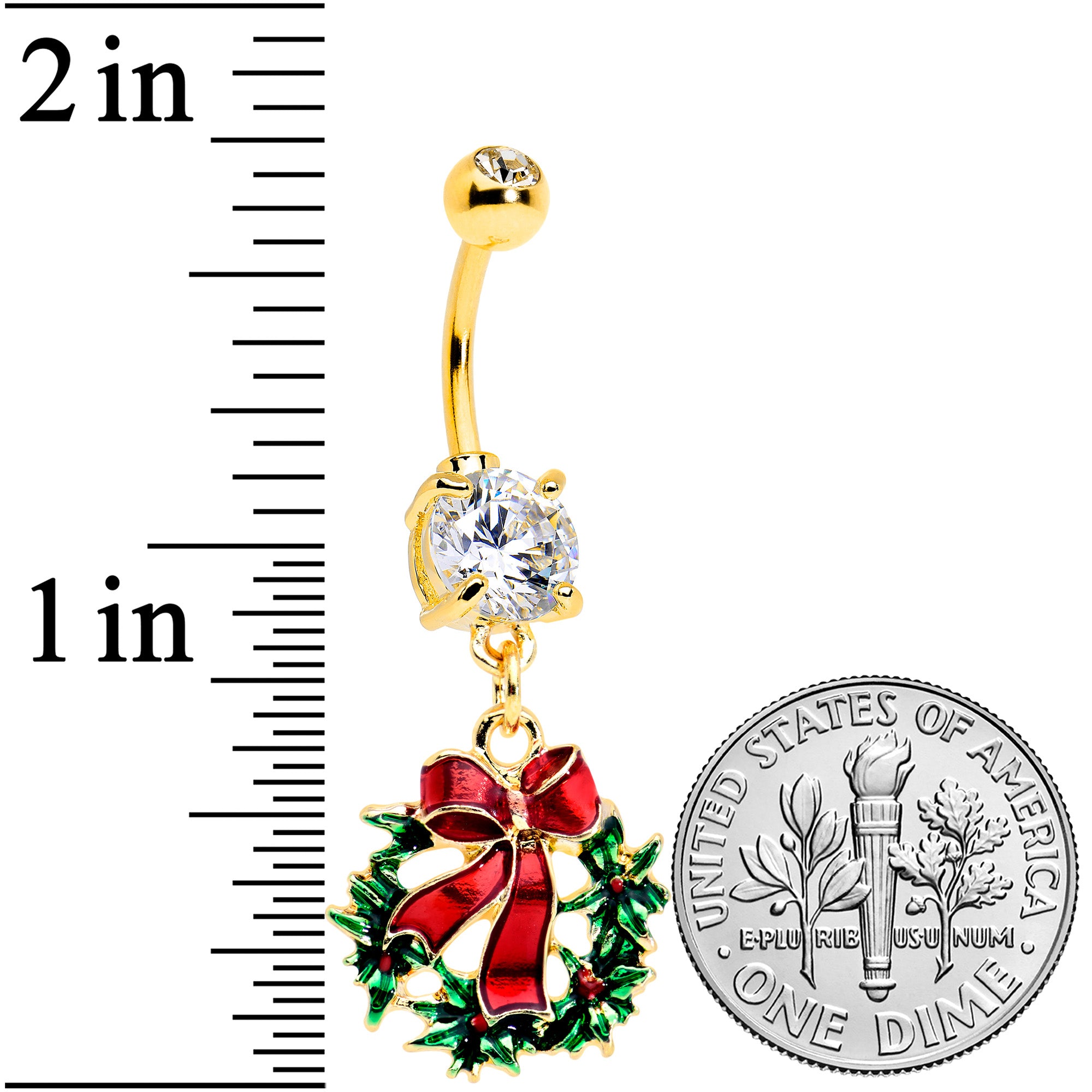 Clear CZ Gem Gold Tone Festive Bow Wreath Christmas Dangle Belly Ring