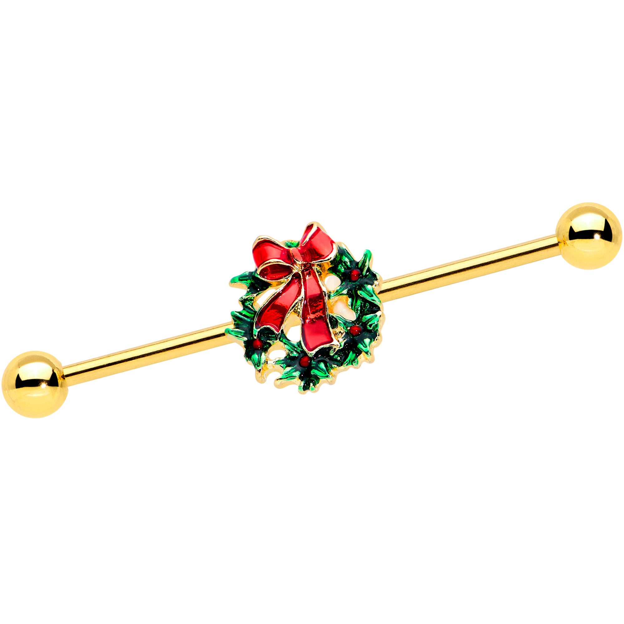 14 Gold Tone Festive Wreath Bow Christmas Industrial Barbell 38mm