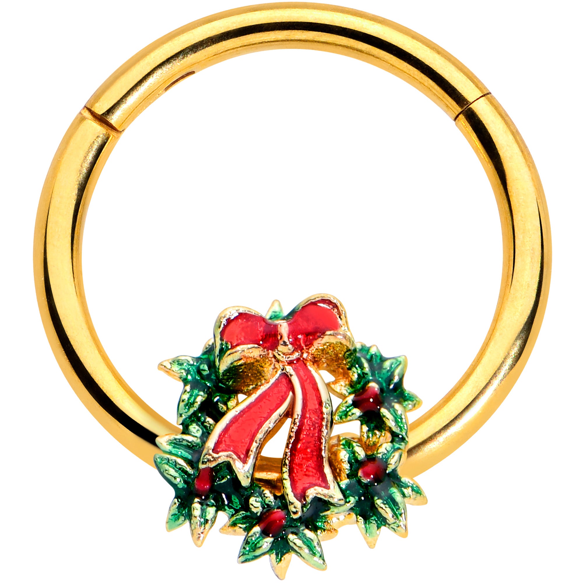 16 Gauge 3/8 Gold Hue Festive Christmas Wreath Bow Hinged Segment Ring