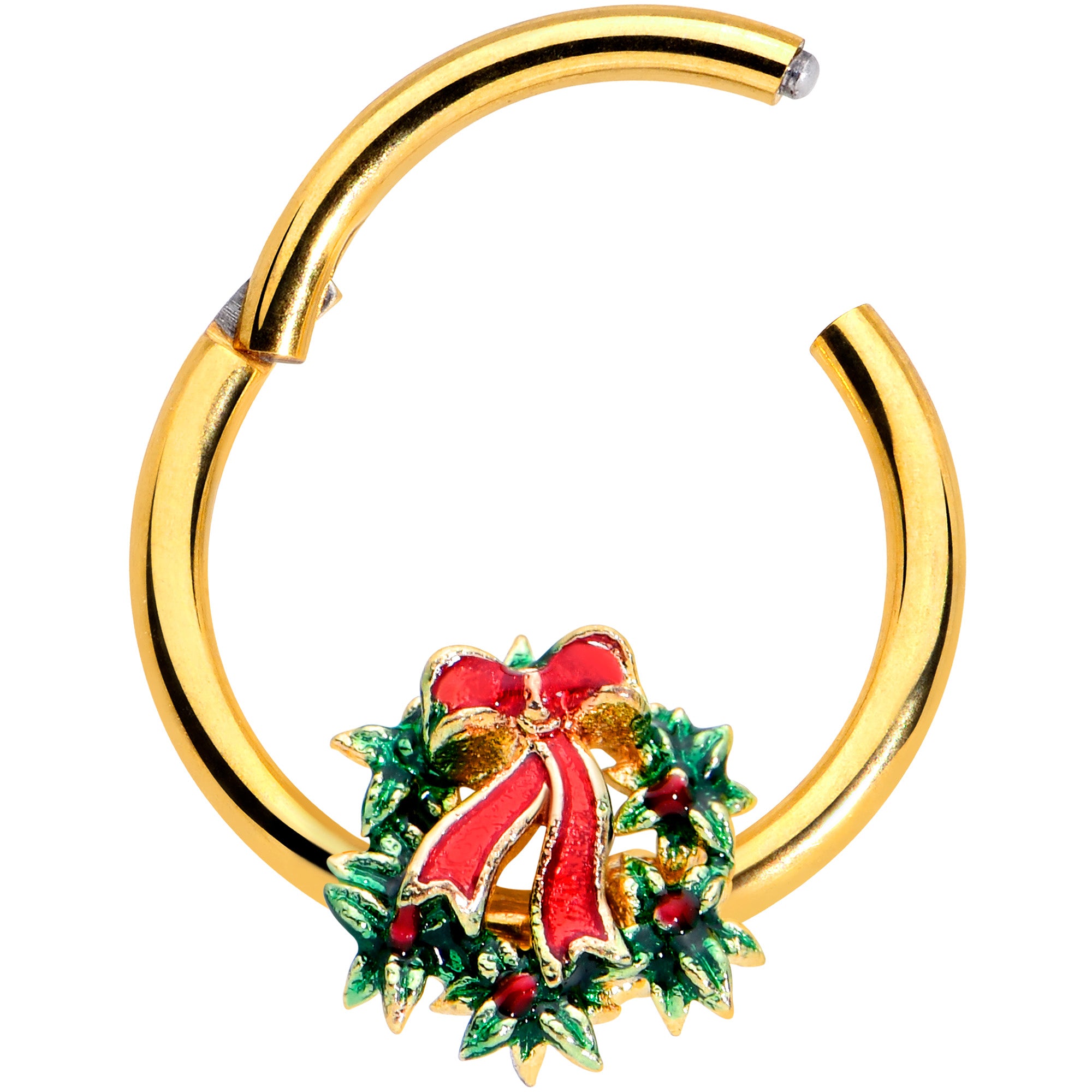 16 Gauge 3/8 Gold Hue Festive Christmas Wreath Bow Hinged Segment Ring