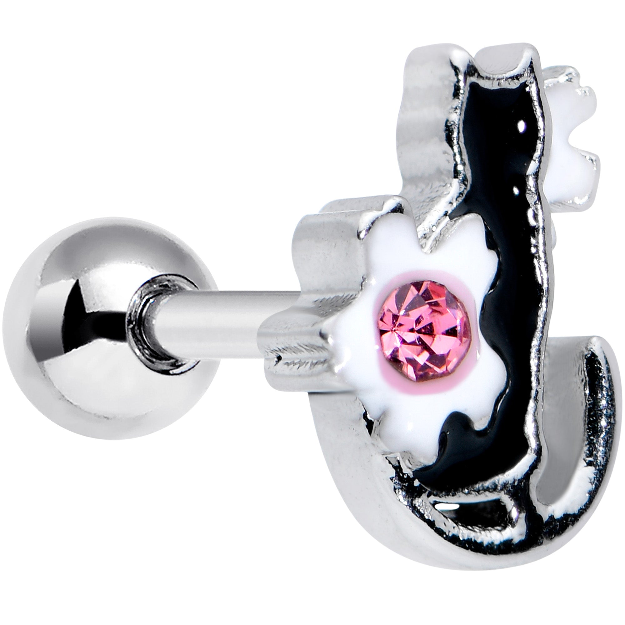 16 Gauge 1/4 Pink Gem Black Cat White Flowers Cartilage Tragus Earring