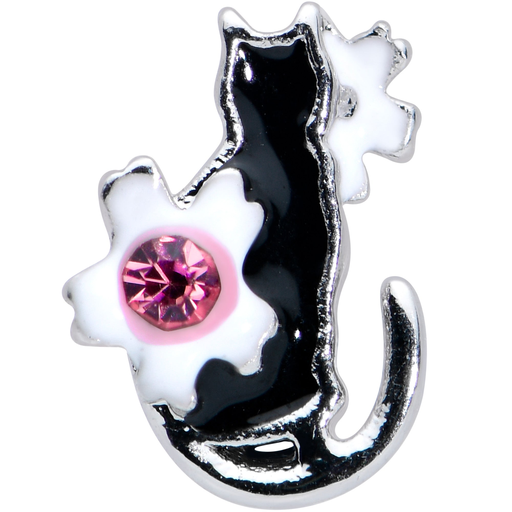 16 Gauge 1/4 Pink Gem Black Cat White Flowers Cartilage Tragus Earring