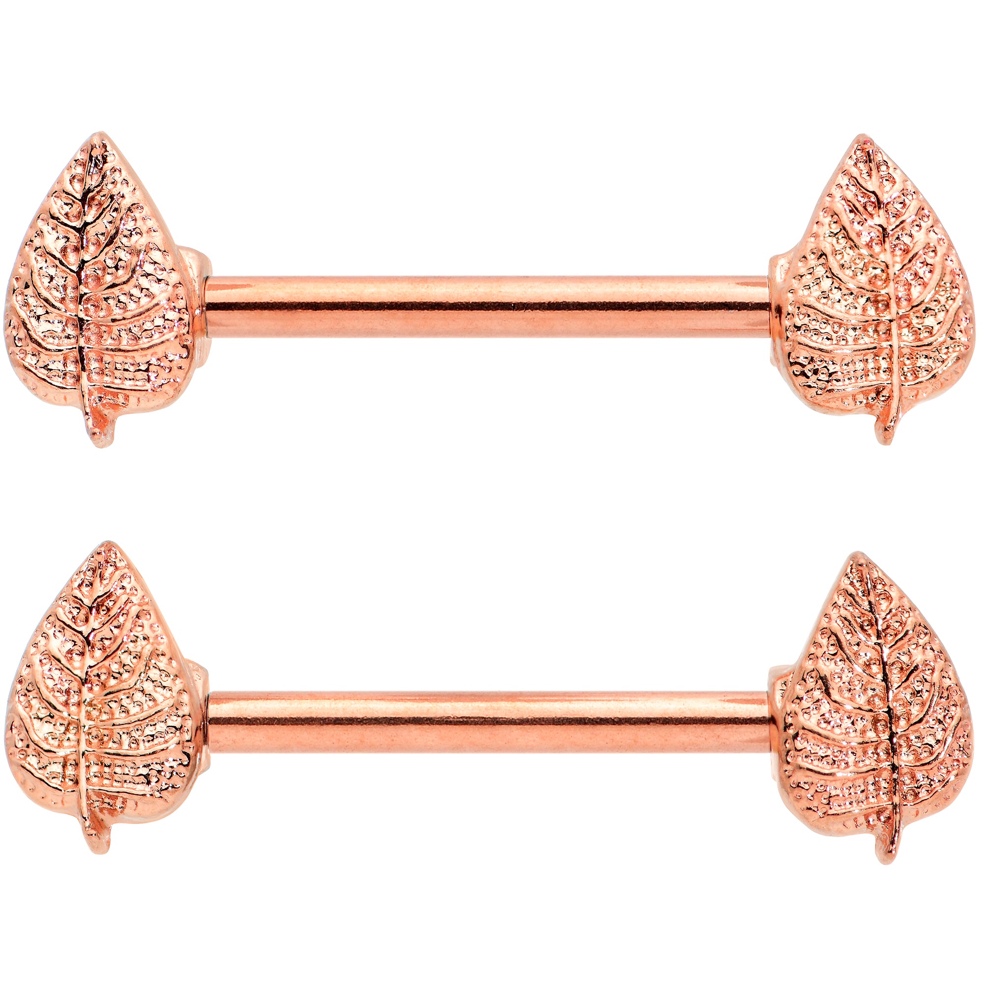 14 Gauge 9/16 Rose Gold Tone Fall Texture Leaf Barbell Nipple Ring Set