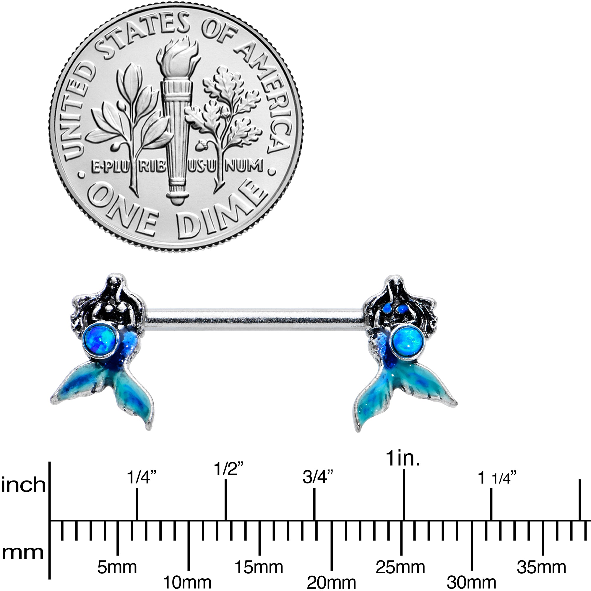 14 Gauge 9/16 Blue Synthetic Opal Mermaid Tail Barbell Nipple Ring Set