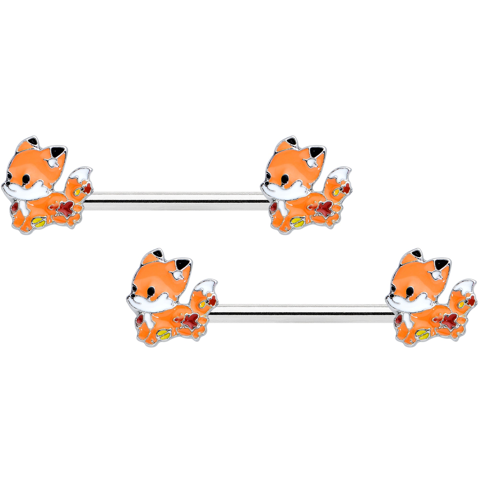 14 Gauge 9/16 Cute Fall Fox Barbell Nipple Ring Set