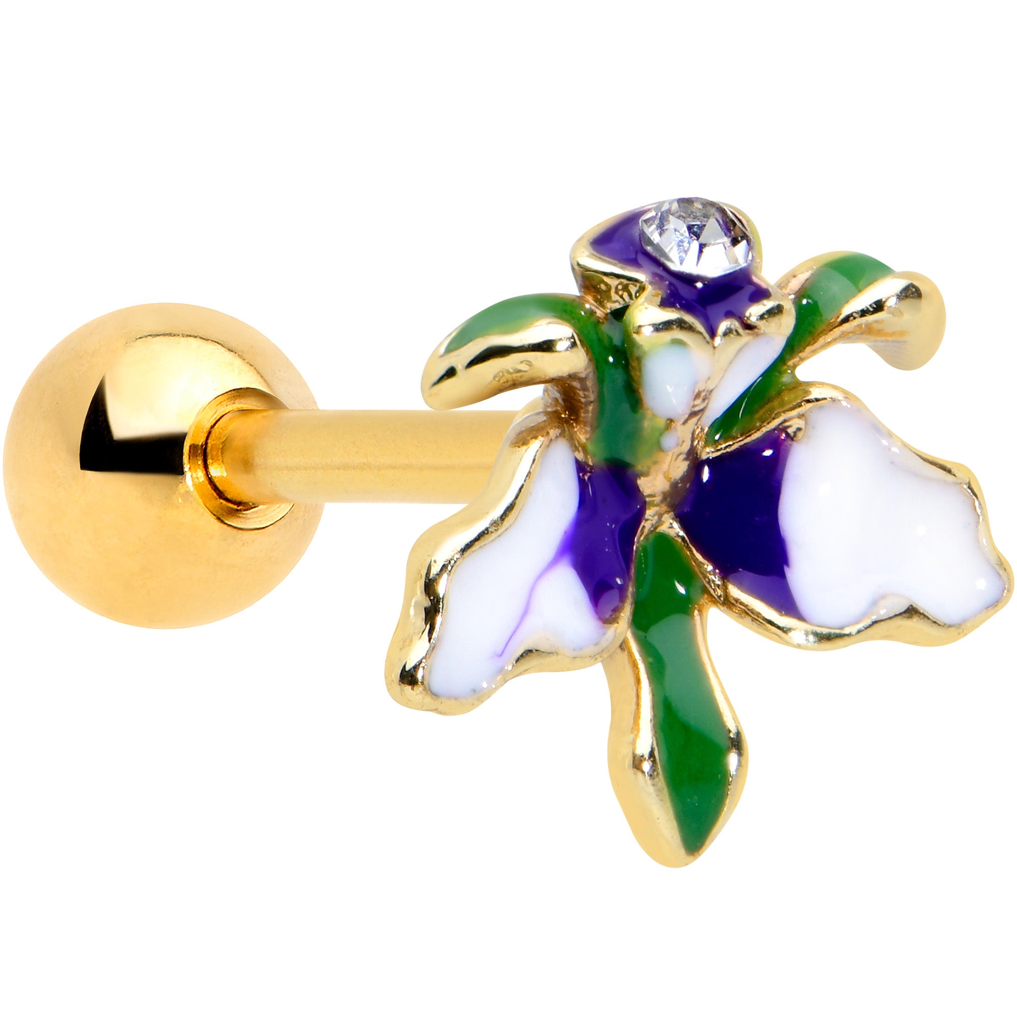 16 Gauge 1/4 Clear Gem Gold Tone Iris Flower Cartilage Tragus Earring