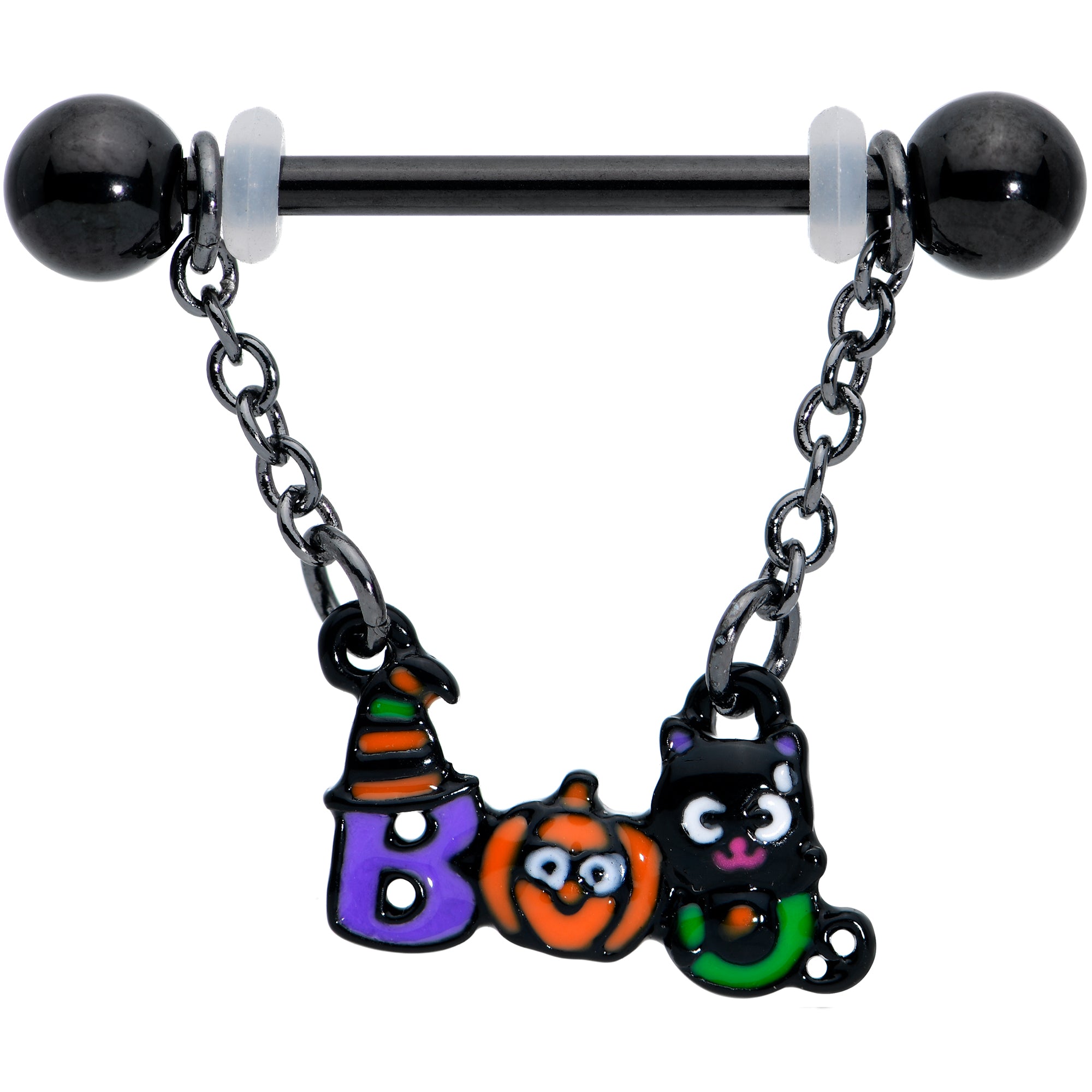 14 Gauge 5/8 Black Boo Party Halloween Chain Dangle Nipple Ring Set