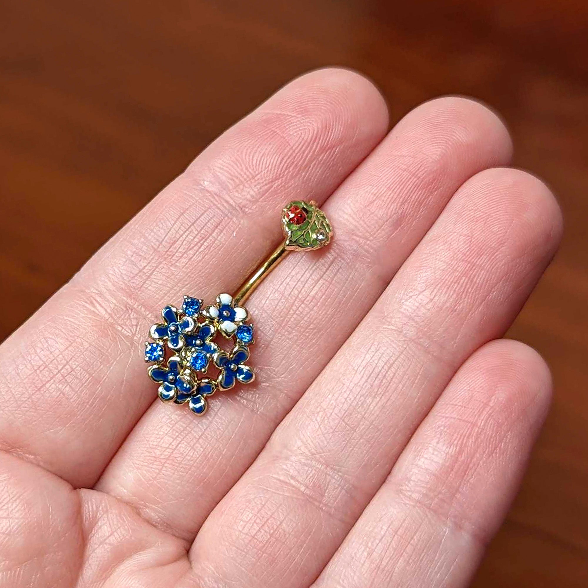 Clear Blue Gem Gold Tone Leaf Ladybug Flower Double Mount Belly Ring