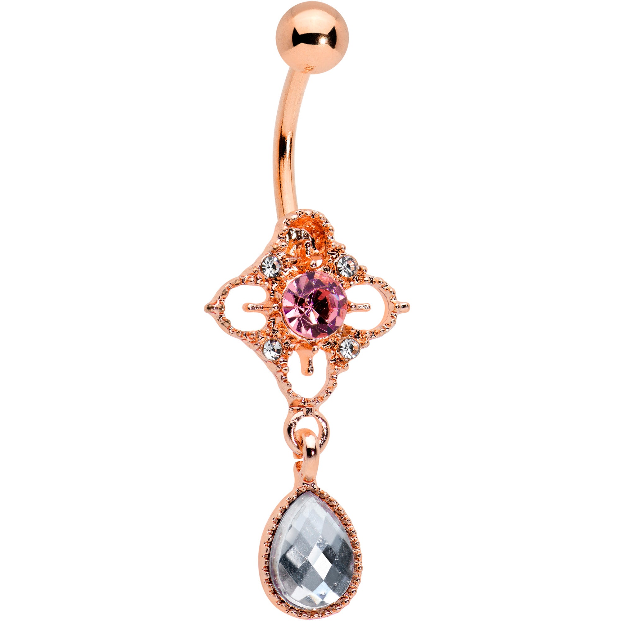 Clear Grey Purple Gem Rose Gold Tone Rhombus Dangle Belly Ring