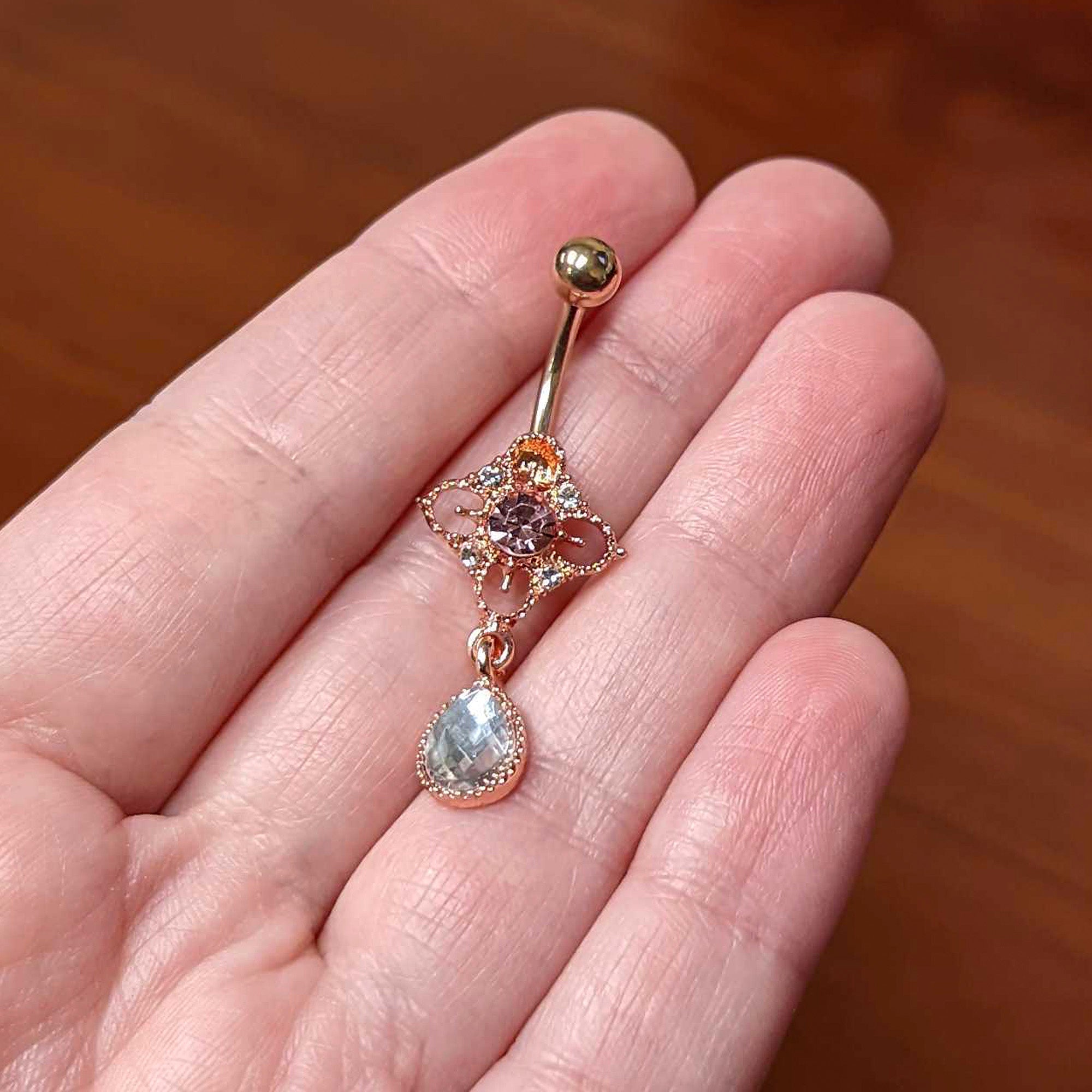 Clear Grey Purple Gem Rose Gold Tone Rhombus Dangle Belly Ring