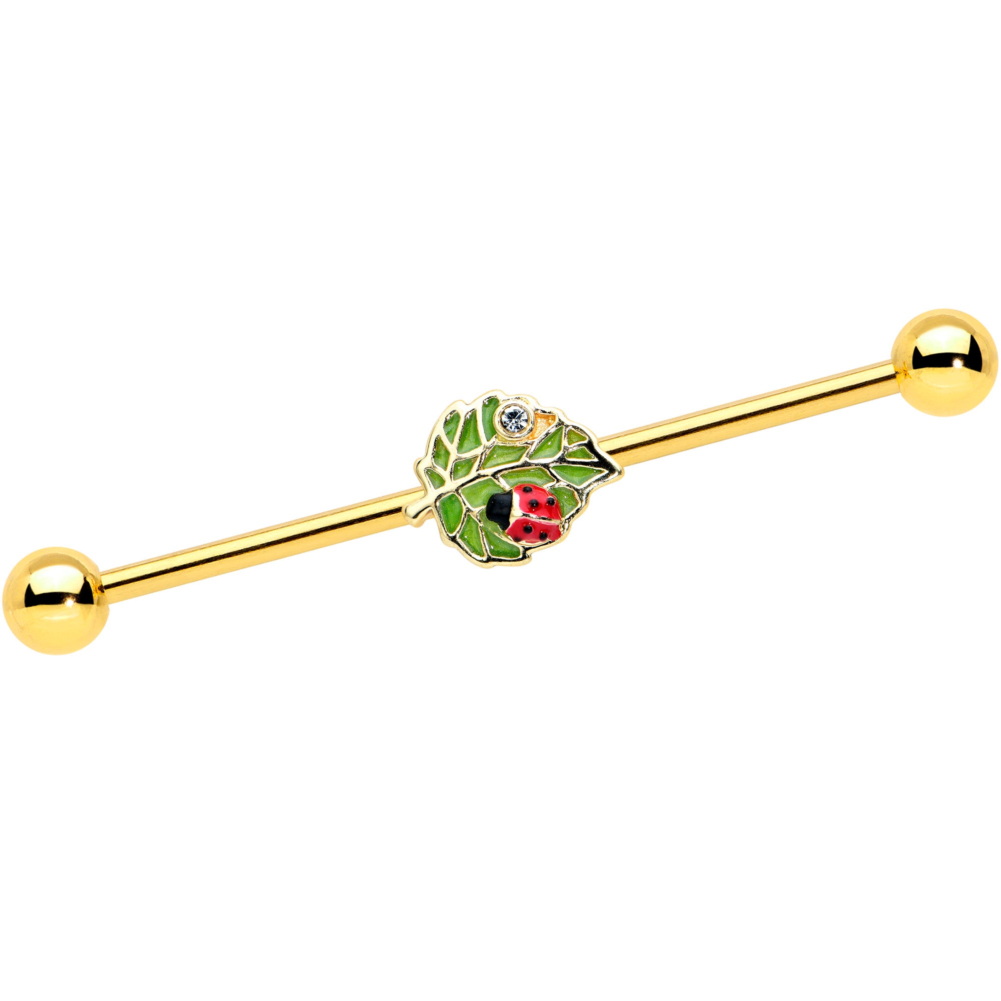 14 Gauge Clear Gem Gold Tone Leafy Ladybug Industrial Barbell 38mm