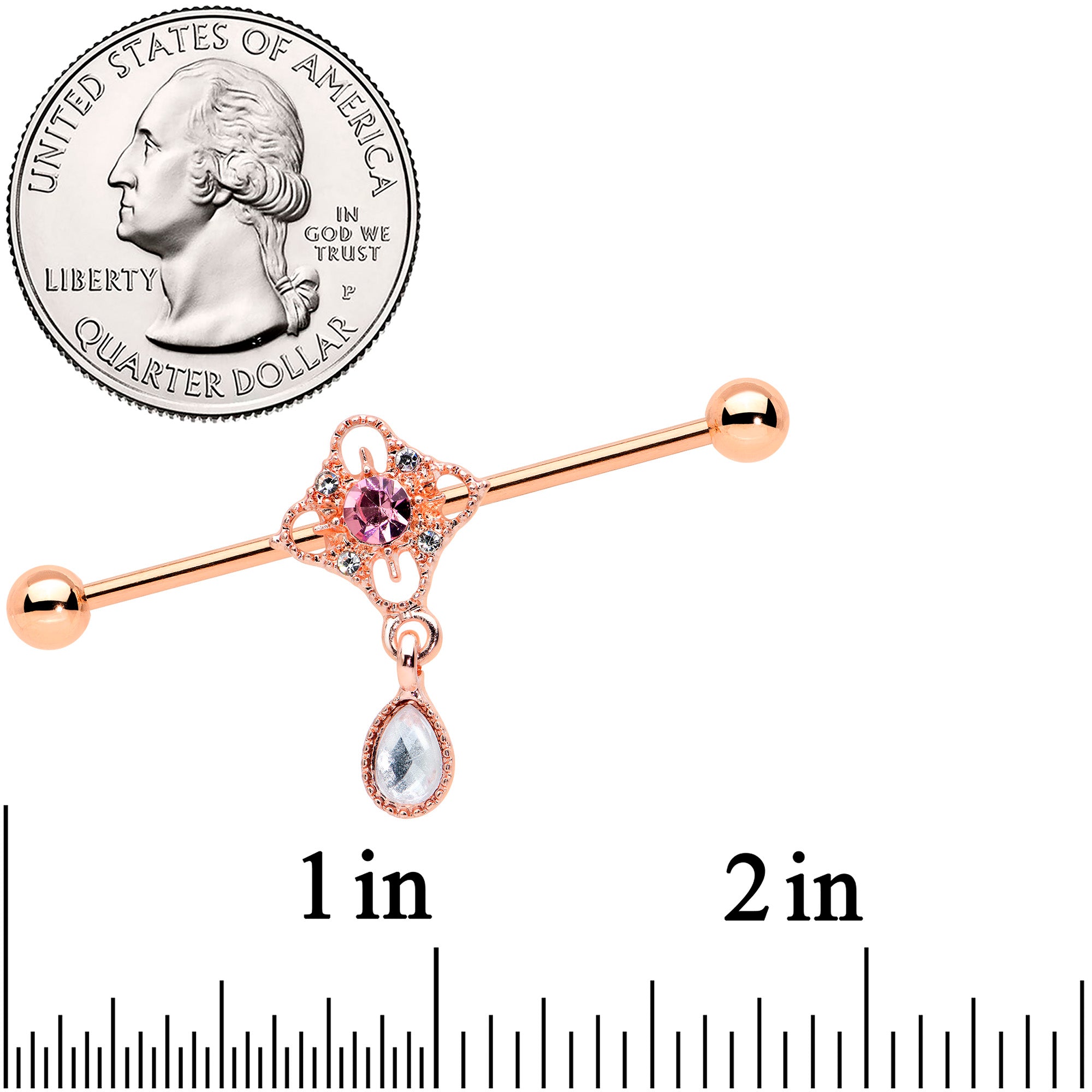 14 Gauge Purple Gem Rose Gold Hue Cross Dangle Industrial Barbell 38mm