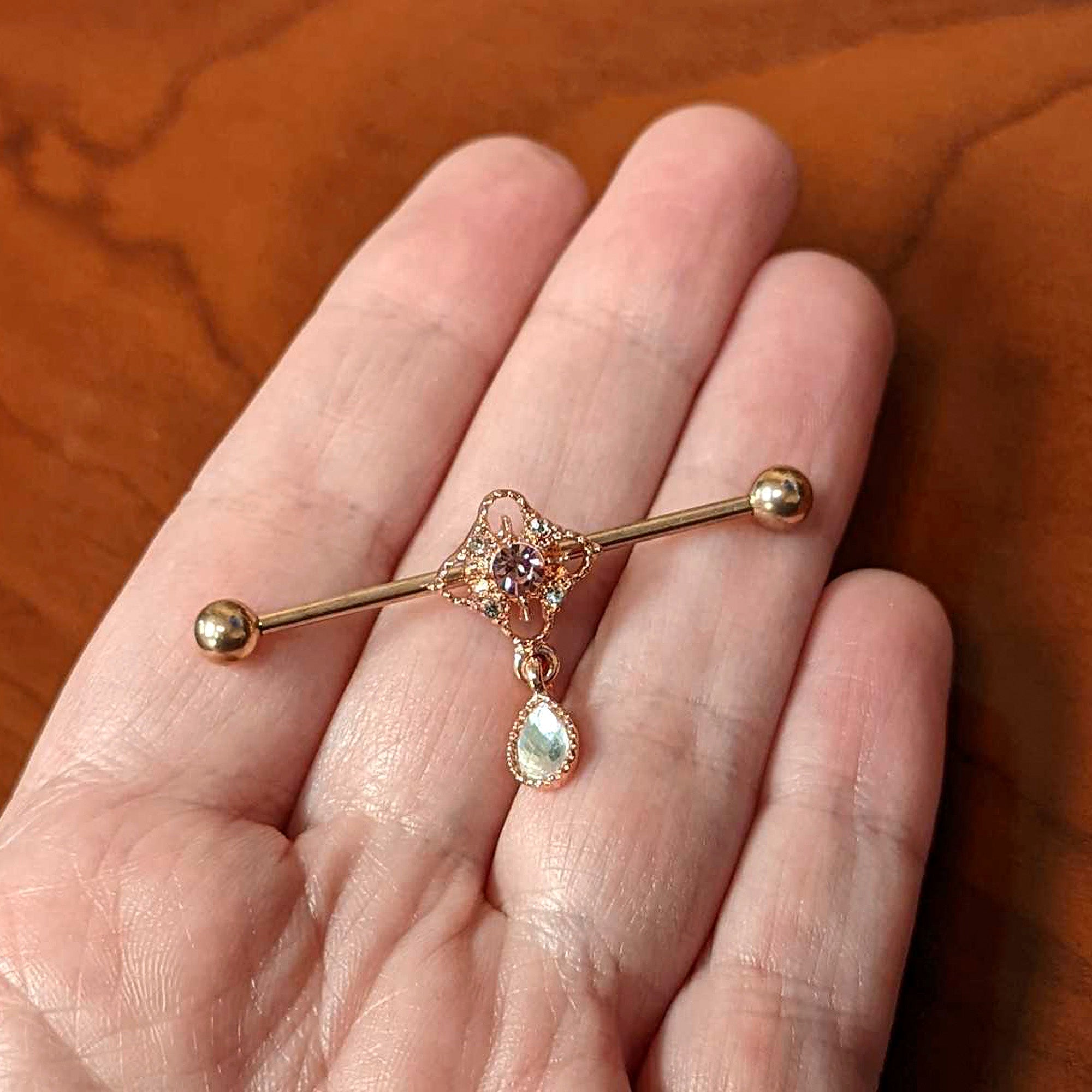 14 Gauge Purple Gem Rose Gold Hue Cross Dangle Industrial Barbell 38mm