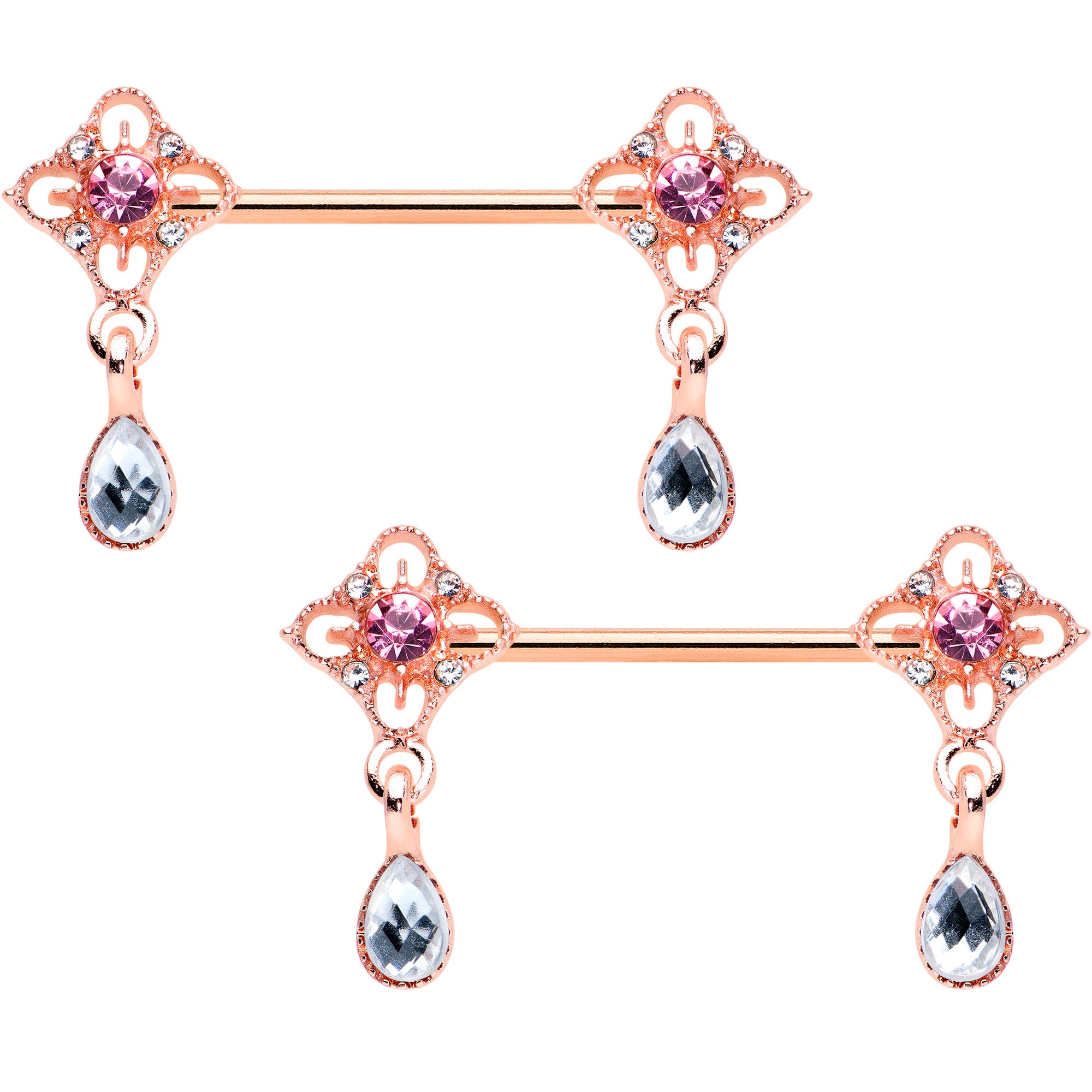 14 Gauge 9/16 Purple Grey Gem Rose Gold Tone Dangle Nipple Ring Set