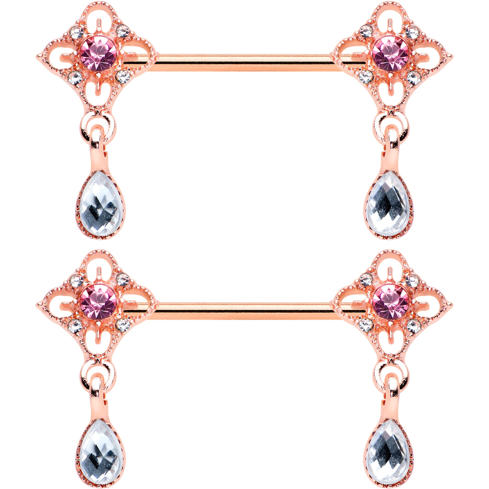 14 Gauge 9/16 Purple Grey Gem Rose Gold Tone Dangle Nipple Ring Set