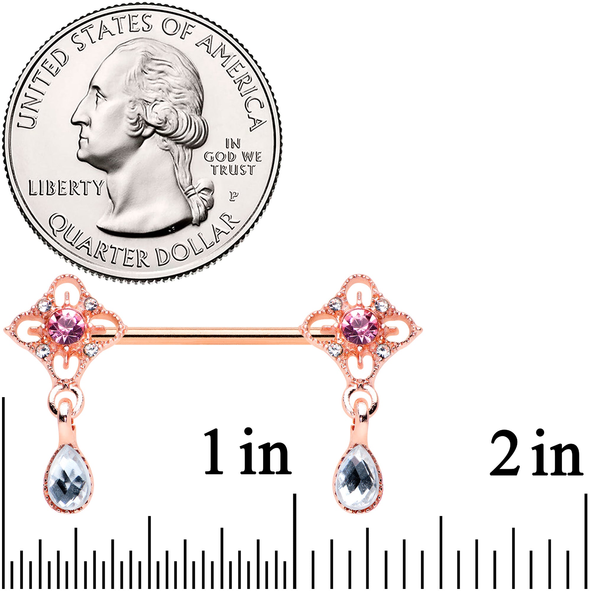 14 Gauge 9/16 Purple Grey Gem Rose Gold Tone Dangle Nipple Ring Set