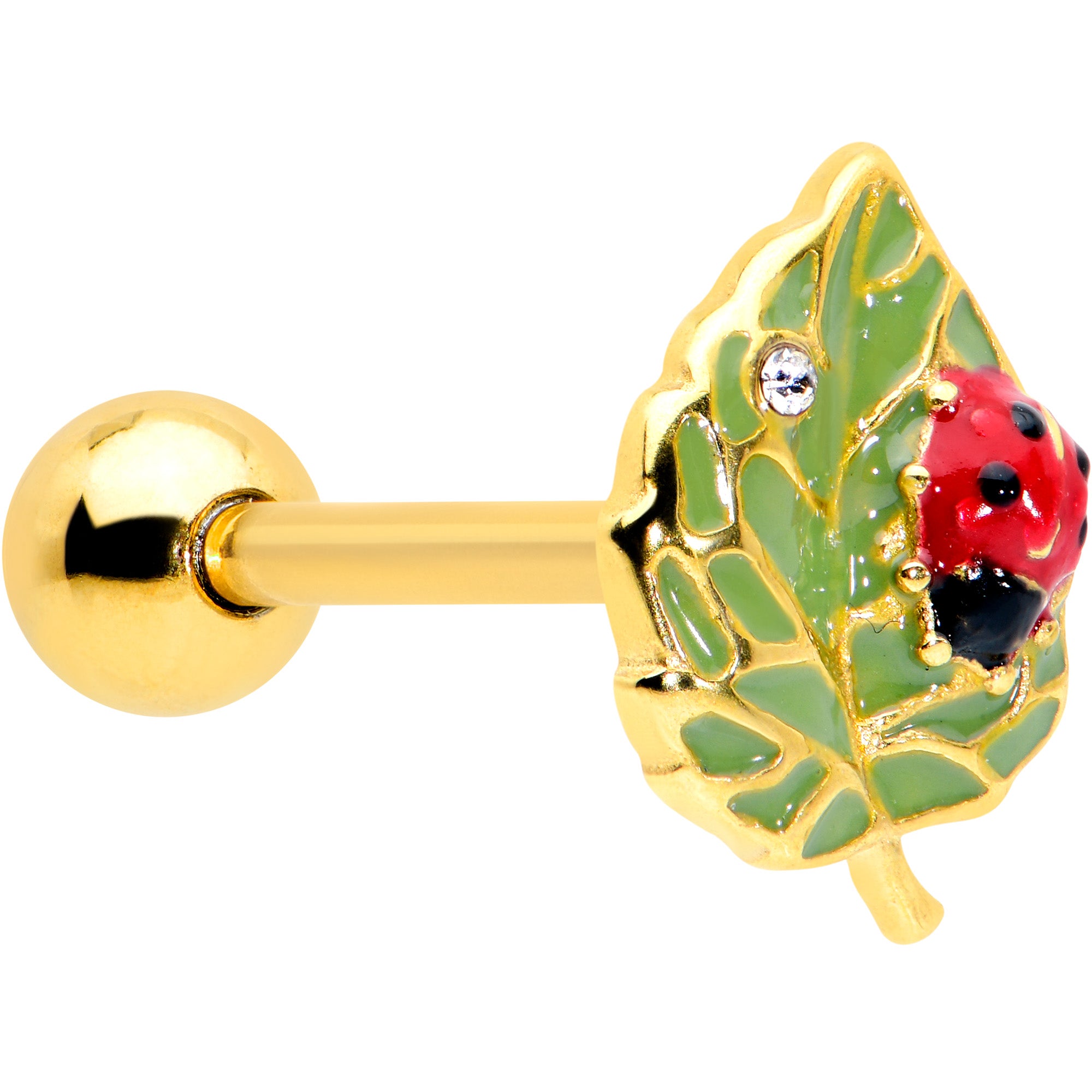 Clear Gem Gold Tone Leafy Ladybug Barbell Tongue Ring