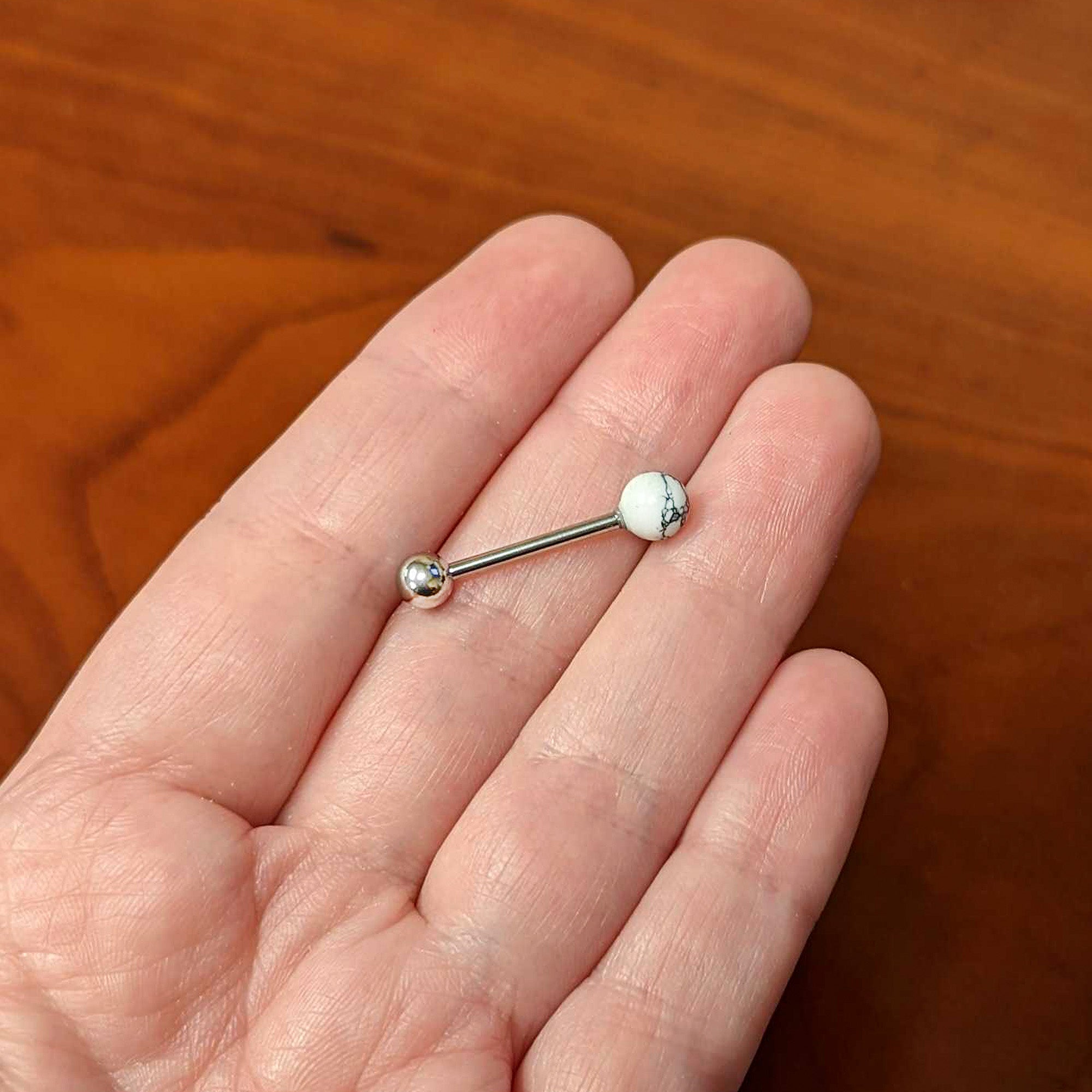 White Howlite Stone Top End Barbell Tongue Ring