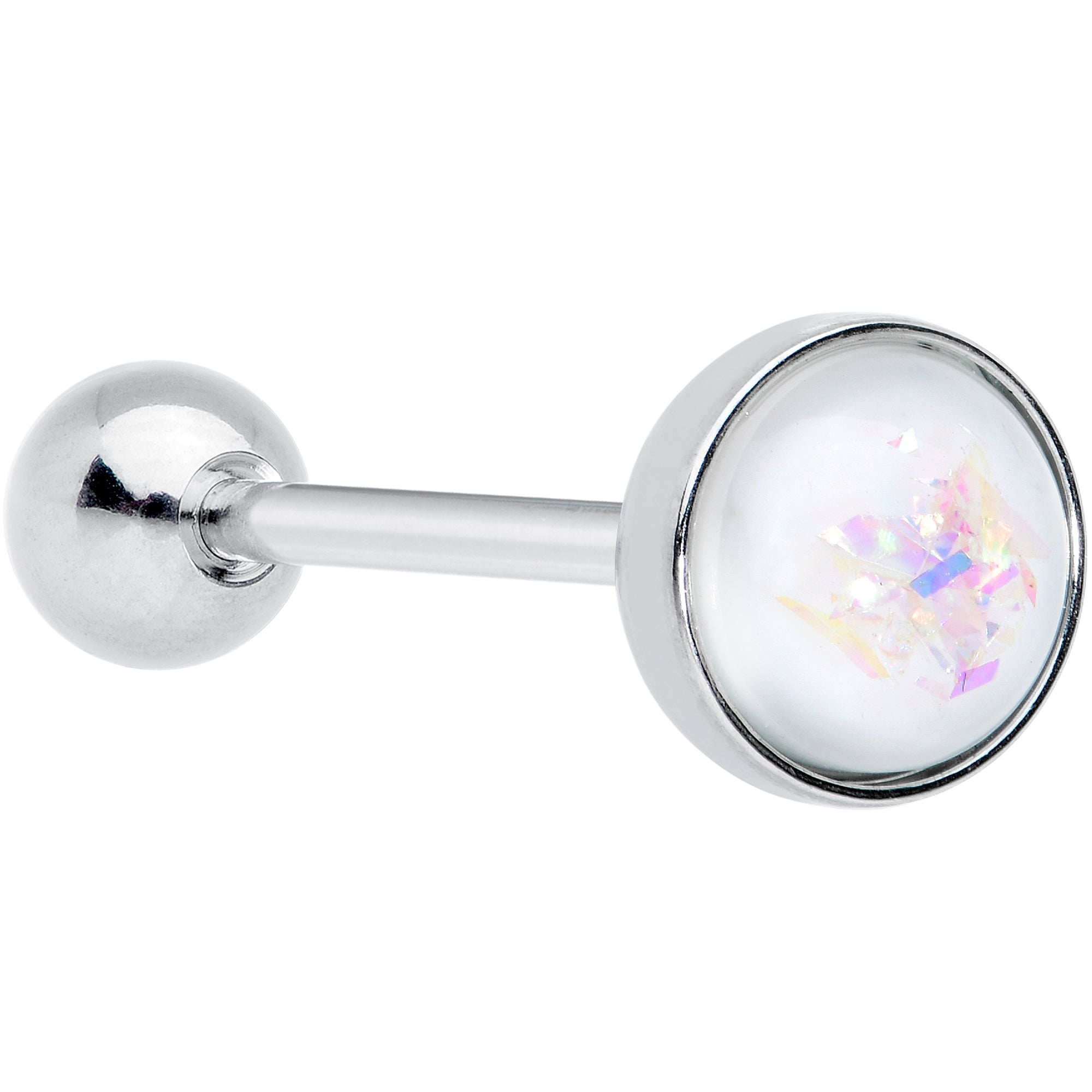 White Faux Opal Disc Top Barbell Tongue Ring