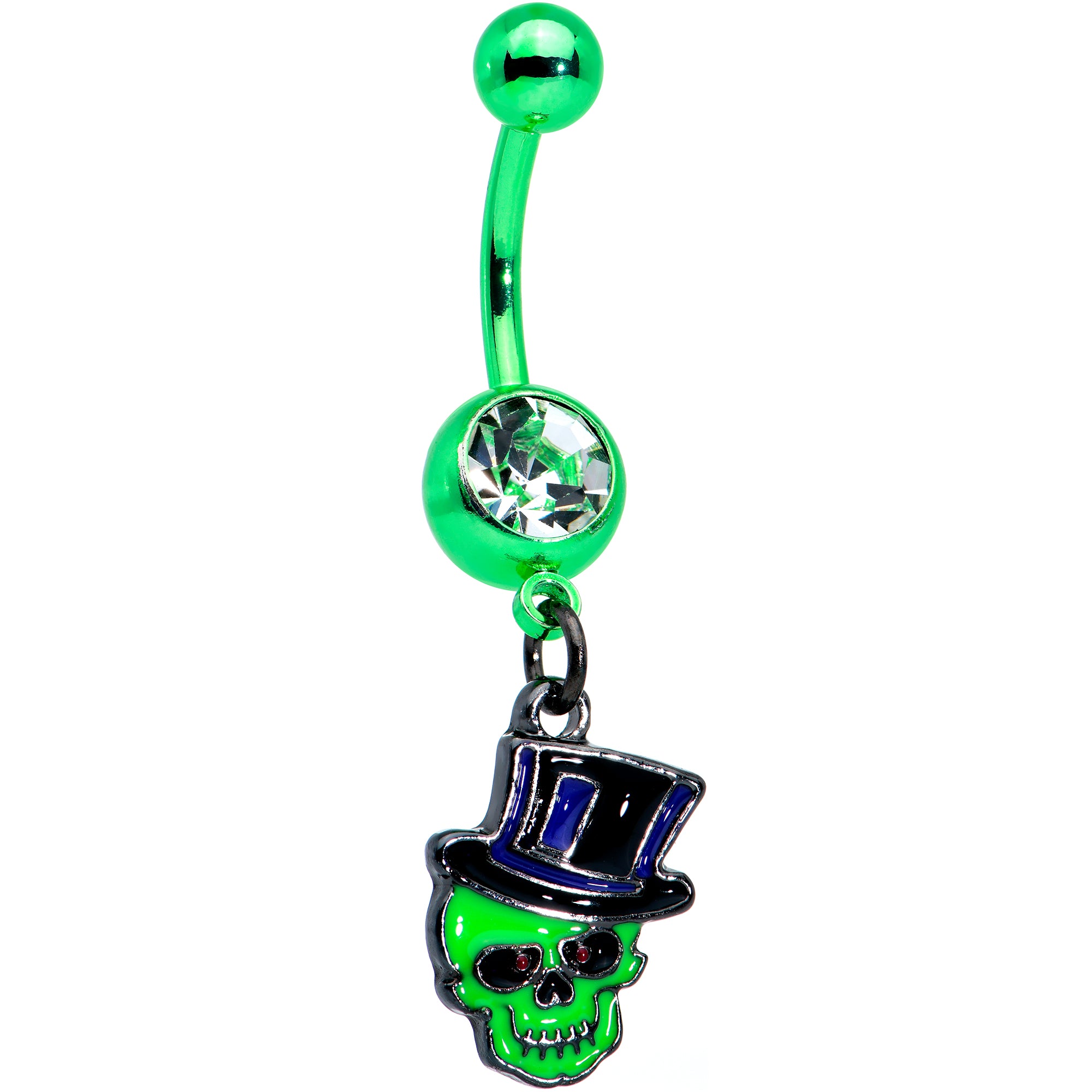 Clear Gem Green Top Hat Skull Halloween Dangle Belly Ring