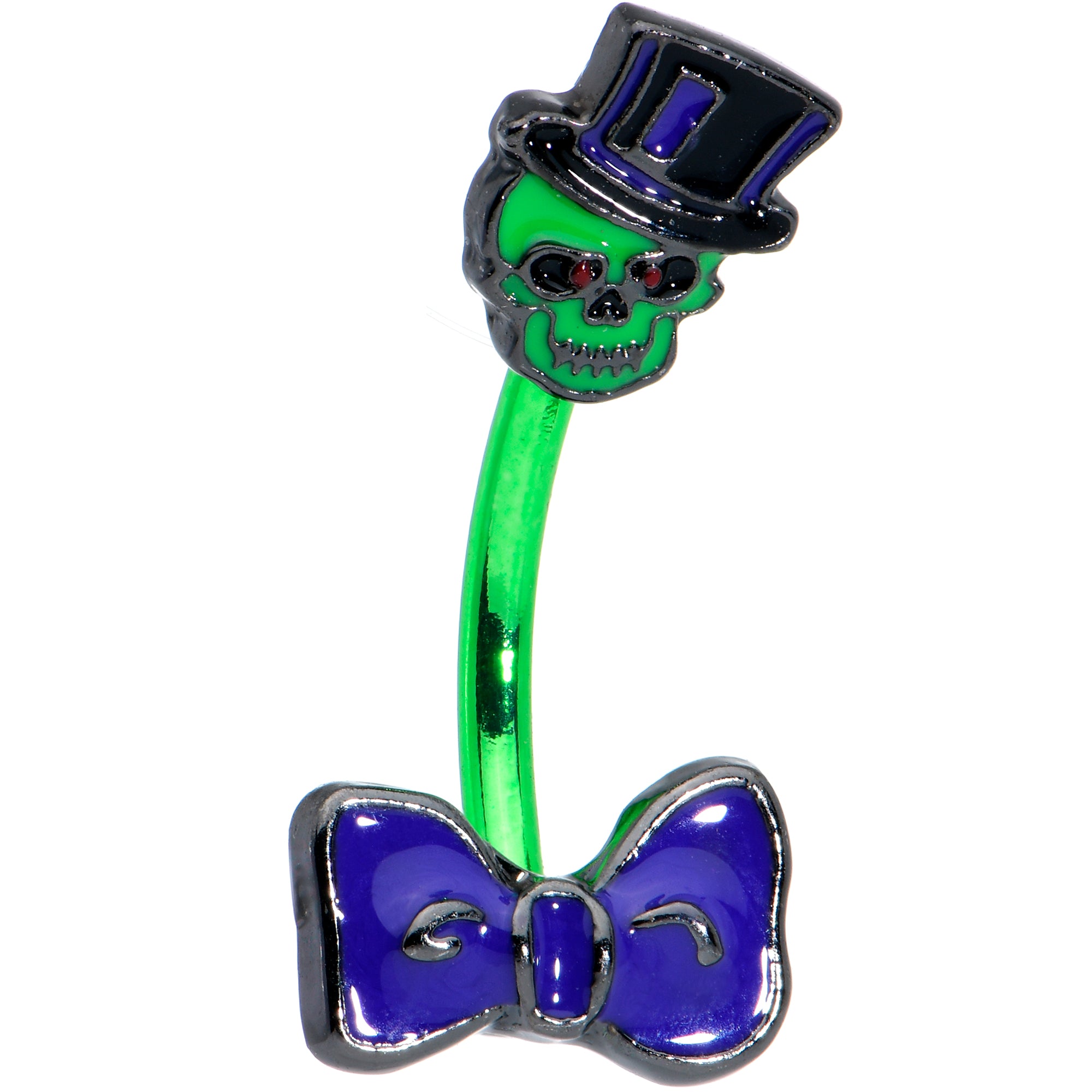 Green Top Hat Bow Tie Skull Halloween Double Mount Belly Ring