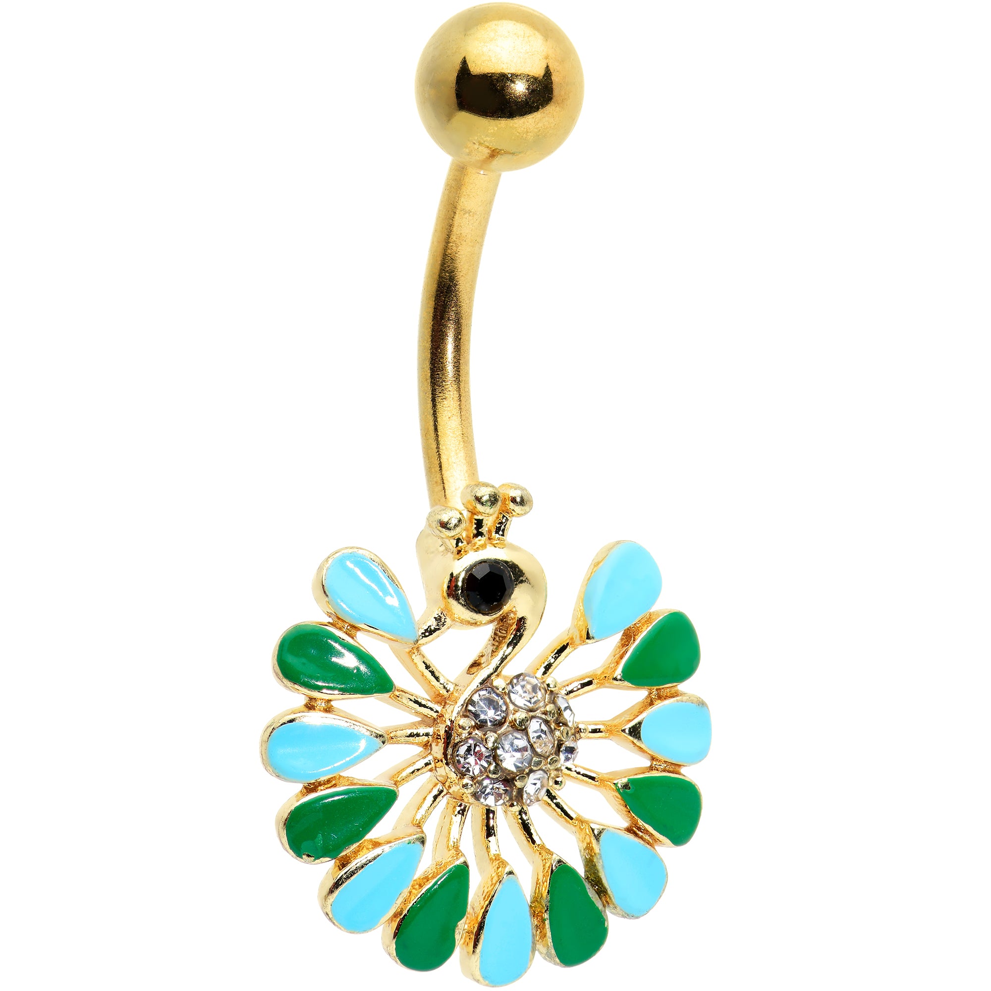 Clear Black Gem Gold Tone Pretty Peacock Belly Ring