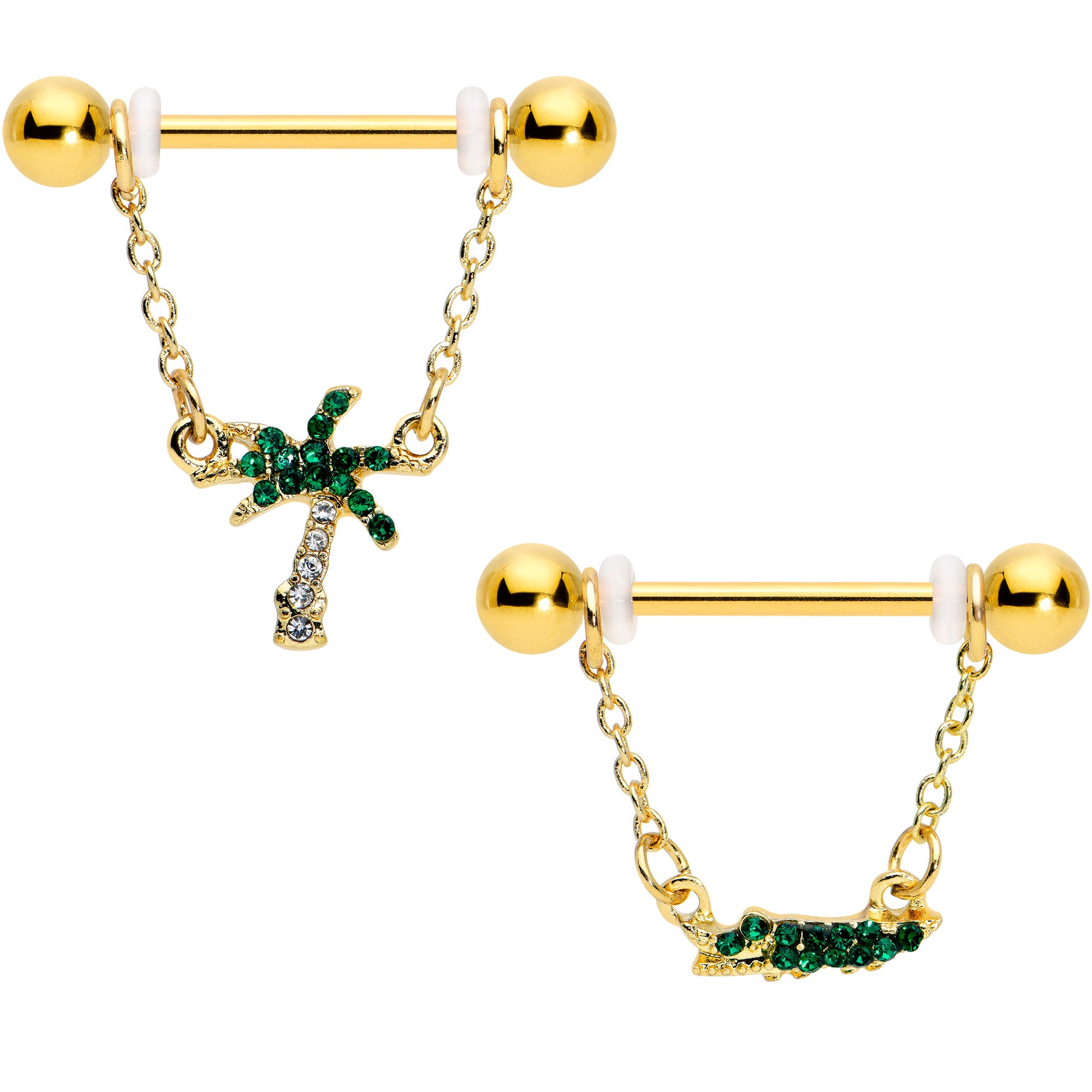 14 Gauge 5/8 Green Gem Gold Hue Gator Palm Tree Dangle Nipple Ring Set