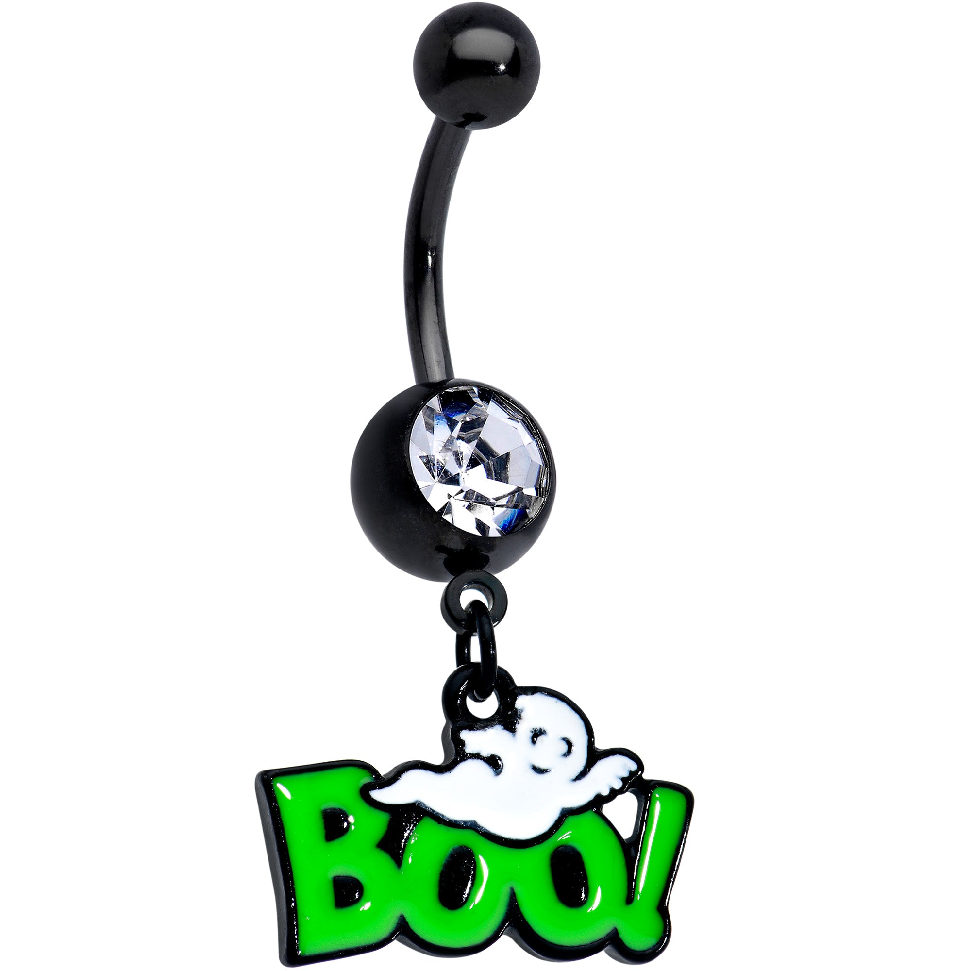 Clear Gem Black Green Boo Ghost Halloween Dangle Belly Ring