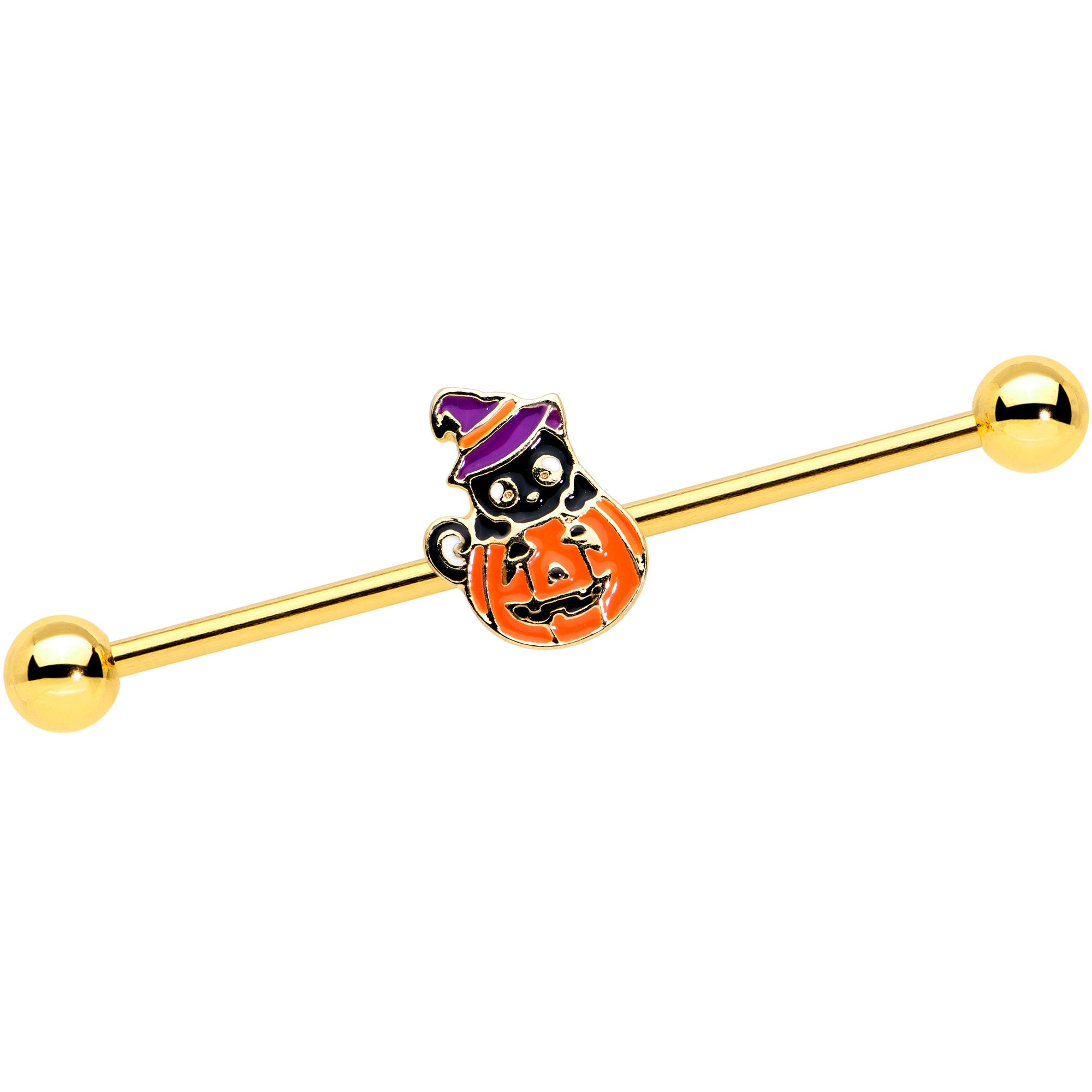 14 Gauge Gold Tone Black Cat Witch Halloween Industrial Barbell 38mm