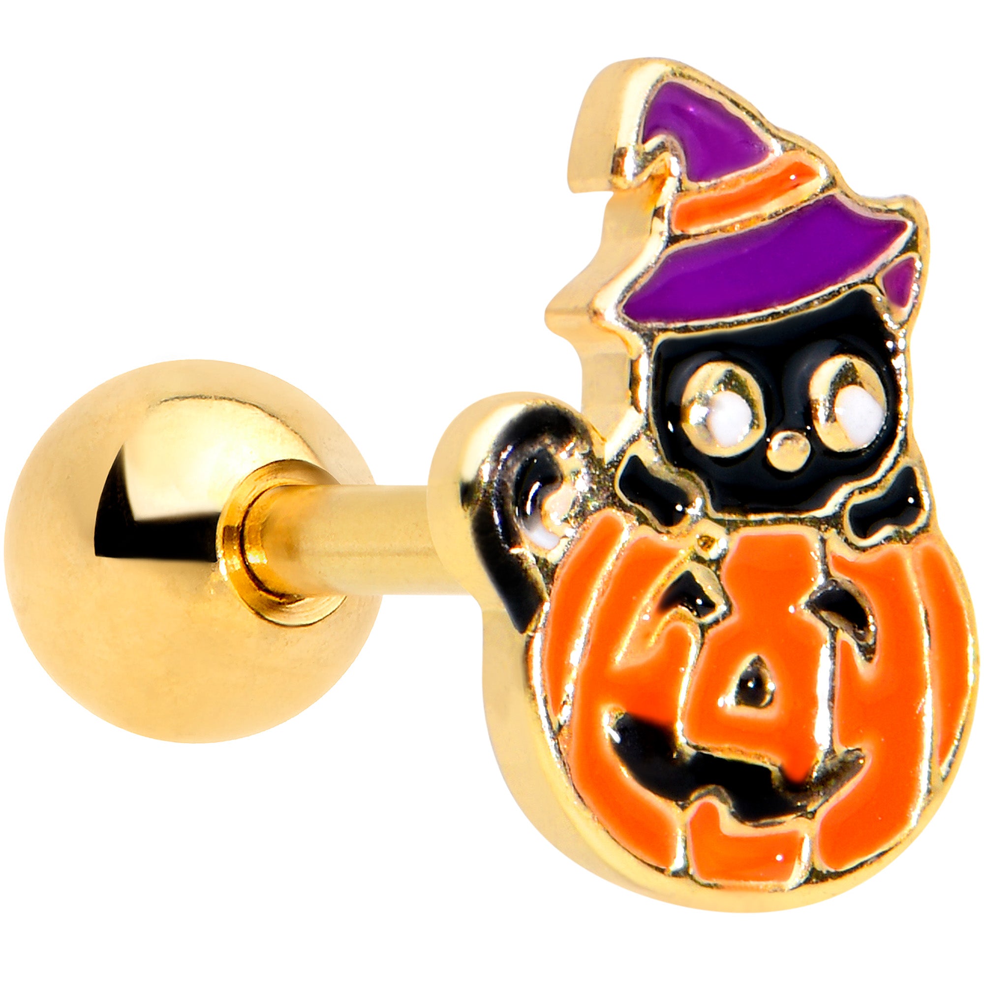 16 Gauge 1/4 Gold Tone Pumpkin Black Cat Halloween Cartilage Tragus