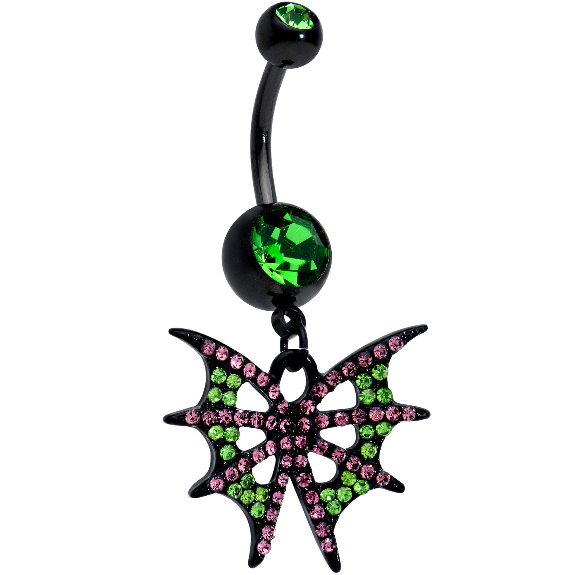 Pink Green Gem Black Bat Wings Halloween Dangle Belly Ring