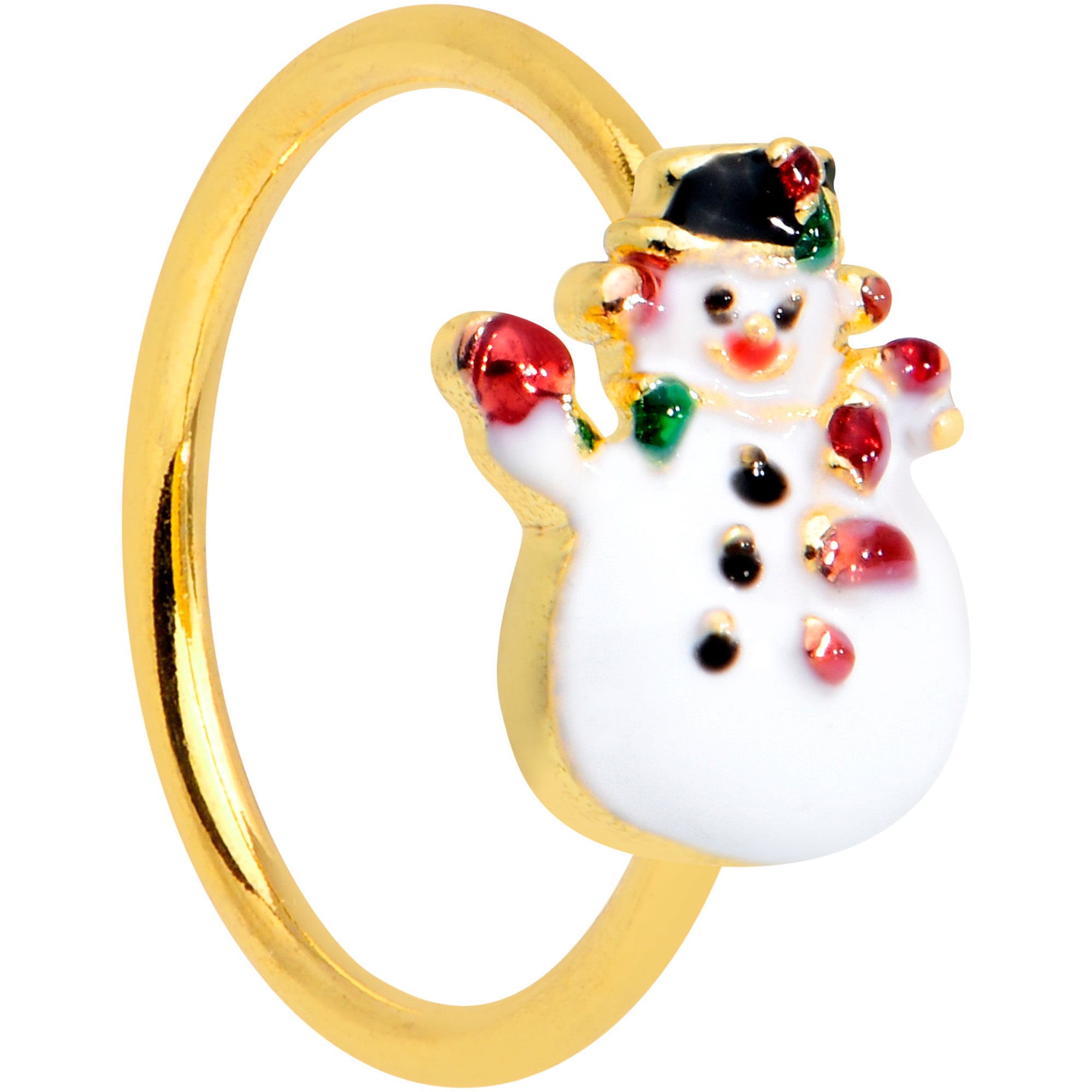 20 Gauge 5/16 Gold Tone Waving Snowman Christmas Nose Hoop